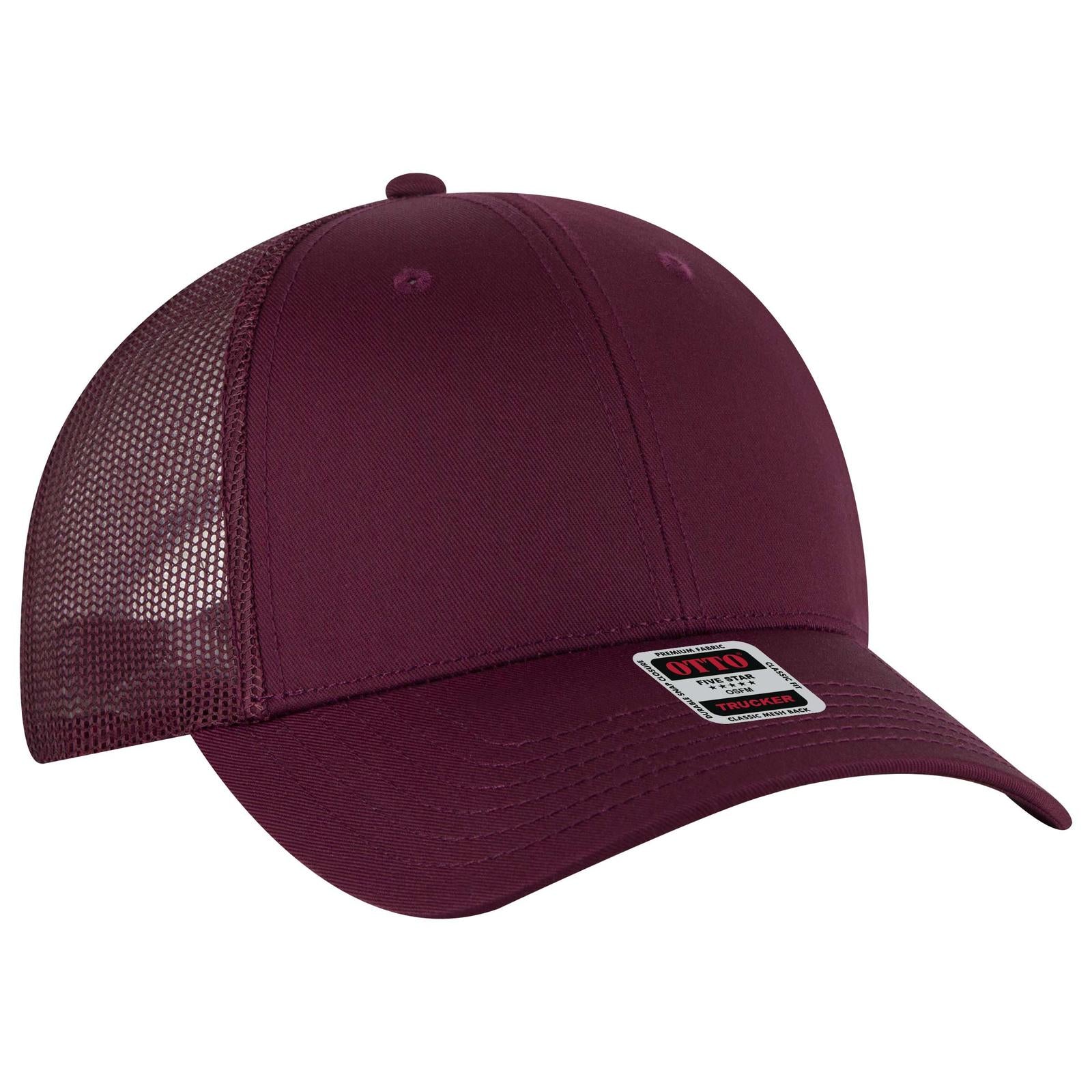 Front View of 010A - Maroon OTTO CAP 6 Panel Low Profile Mesh Back Trucker Hat
