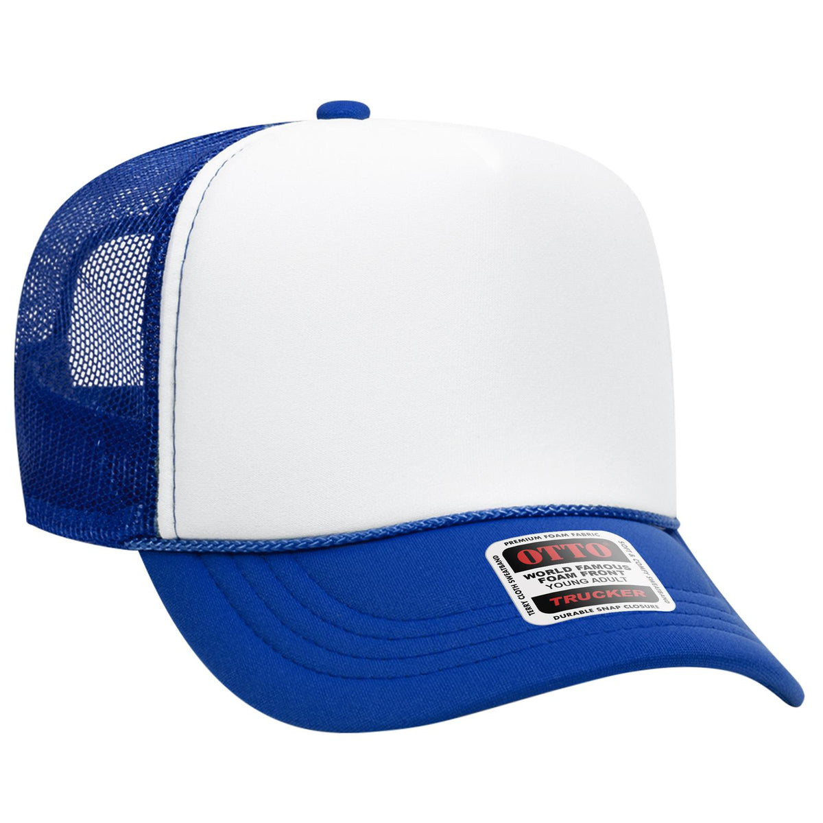 Right View of 011601 - Ryl/Wht/Ryl OTTO CAP 5 Panel High Crown Mesh Back Trucker Hat