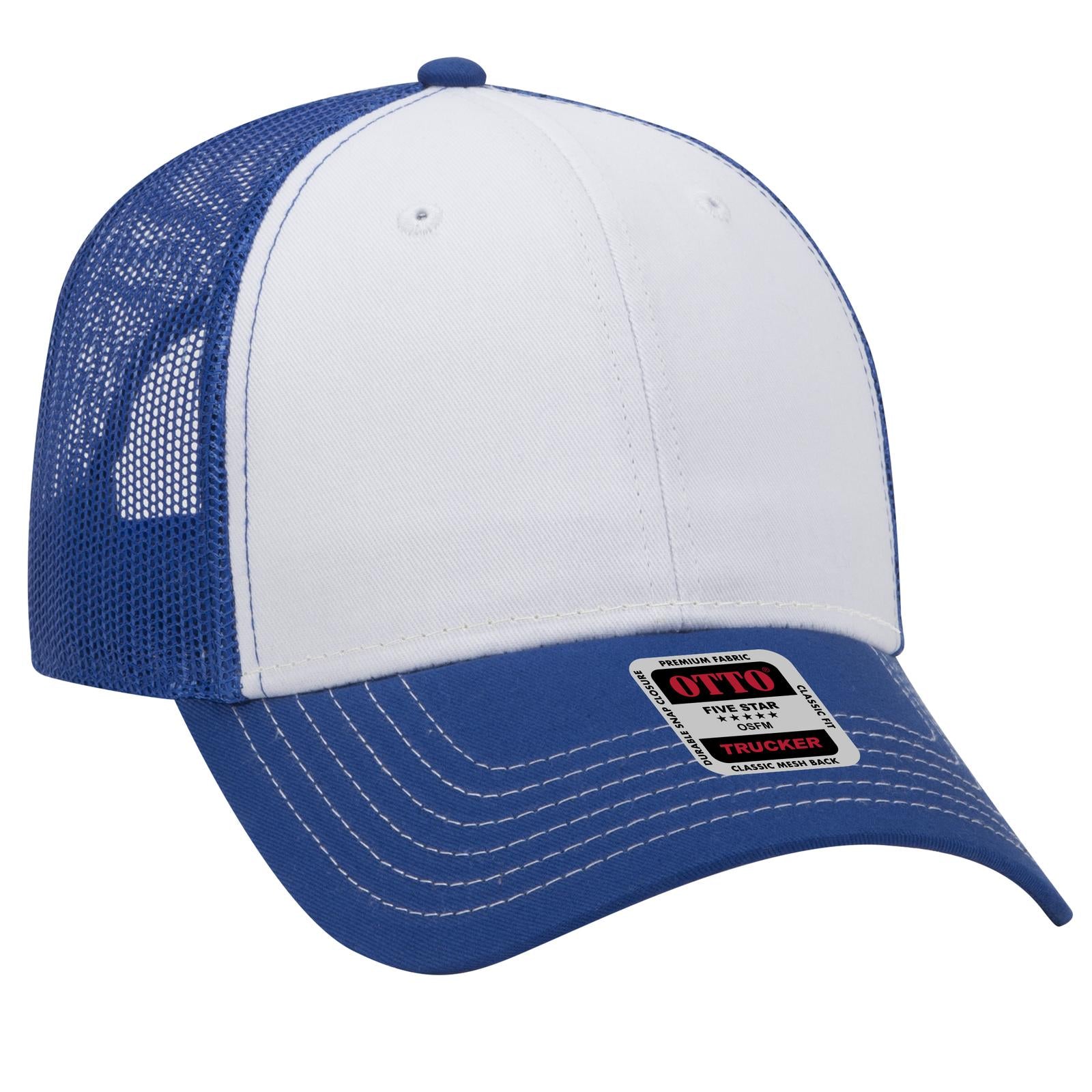 Front View of 011601 - Ryl/Wht/Ryl OTTO CAP 6 Panel Low Profile Mesh Back Trucker Hat