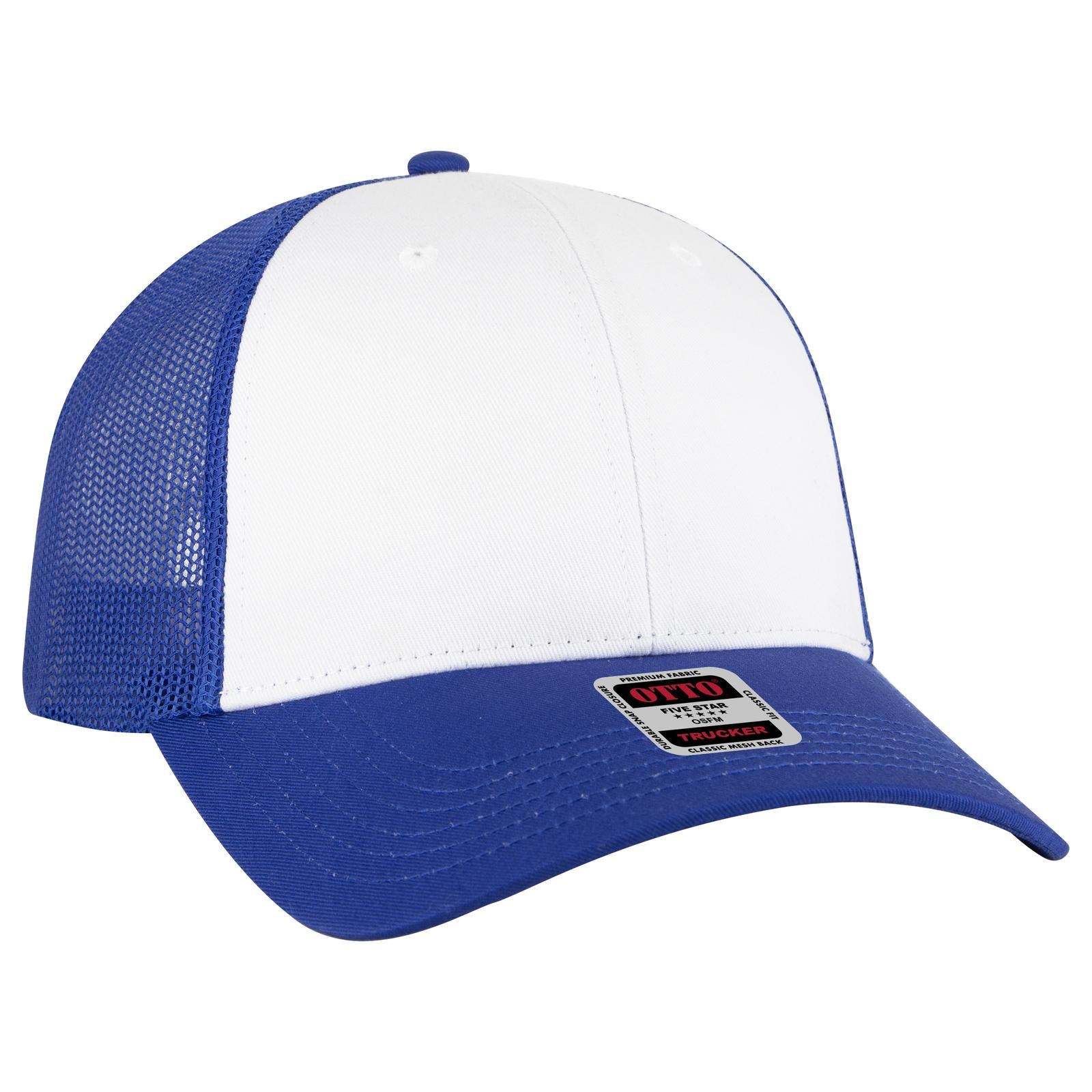 Front View of 011601 - Ryl/Wht/Ryl OTTO CAP 6 Panel Low Profile Mesh Back Trucker Hat