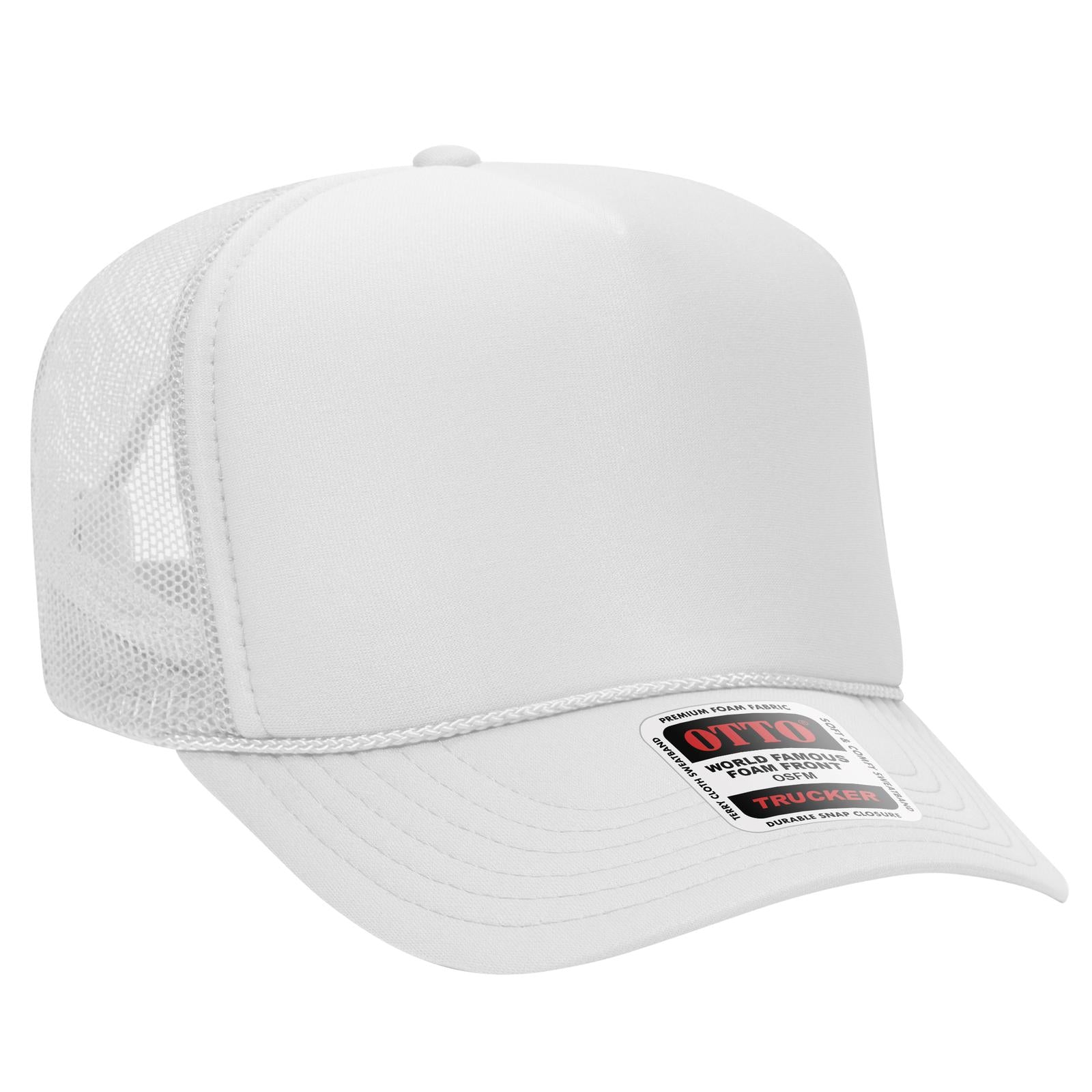 Front View of 016 - White OTTO CAP 5 Panel High Crown Mesh Back Trucker Hat