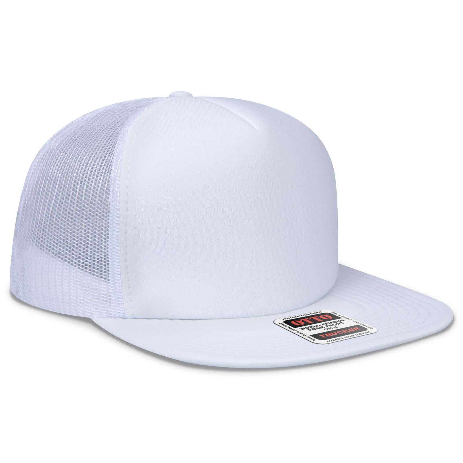 Front View of 016 - White OTTO CAP "OTTO SNAP" 5 Panel High Crown Mesh Back Trucker Snapback Hat