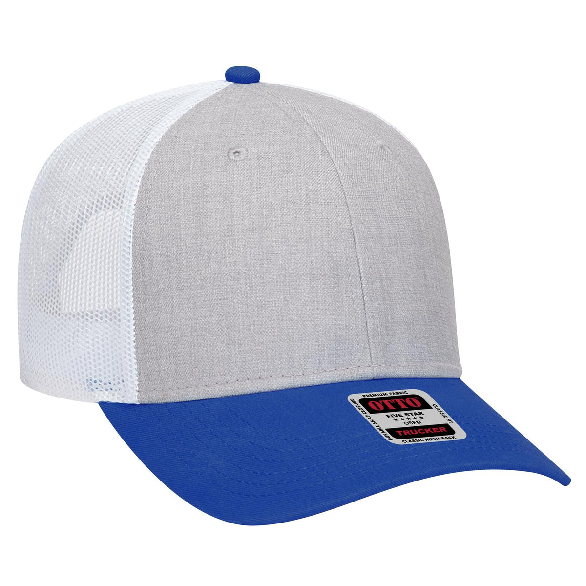 Right View of 017416 - Royal/HeatherGry/White OTTO CAP 6 Panel Low Profile Mesh Back Trucker Hat