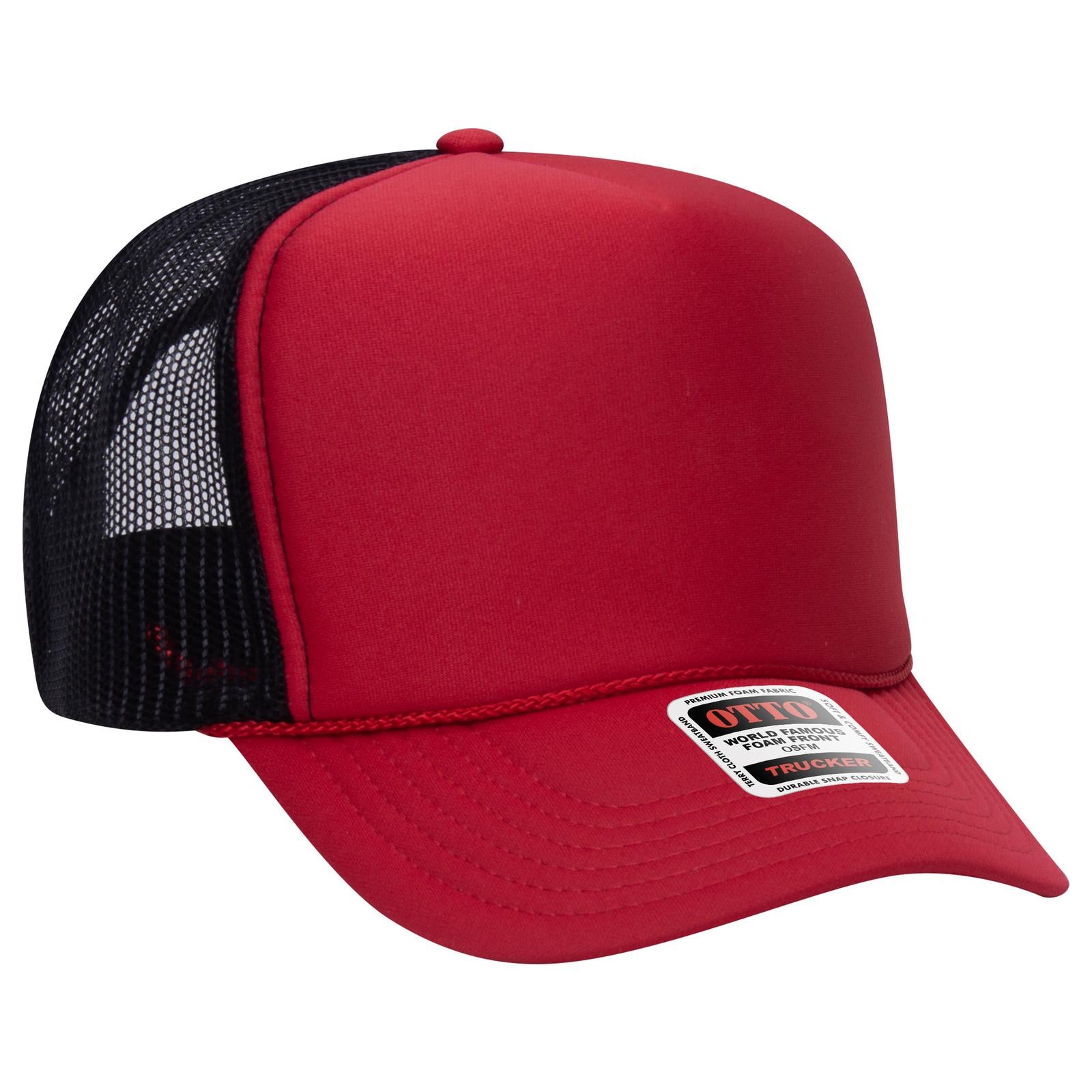 Right View of 020203 - Red/Red/Blk OTTO CAP 5 Panel High Crown Mesh Back Trucker Hat