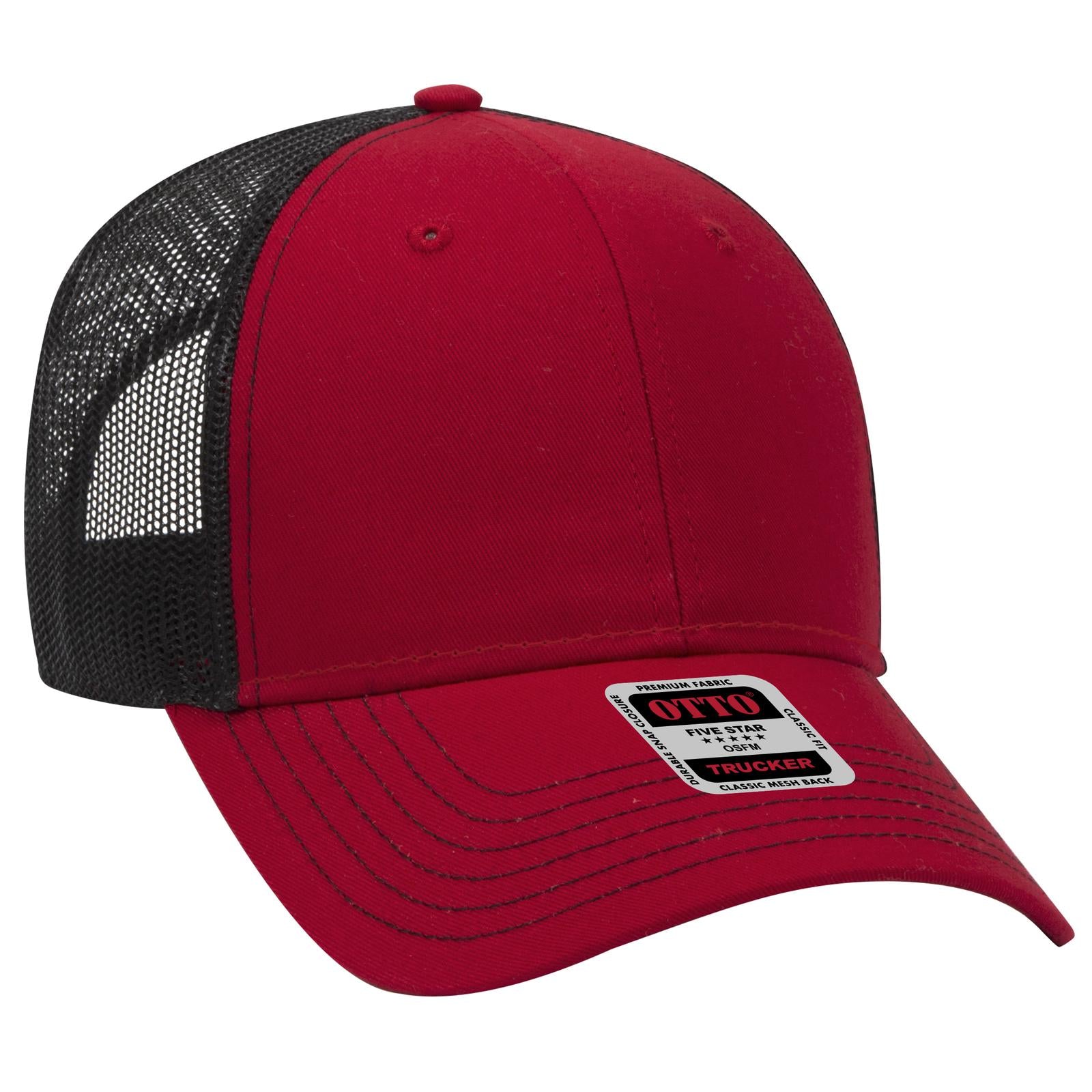 Front View of 020203 - Red/Red/Blk OTTO CAP 6 Panel Low Profile Mesh Back Trucker Hat