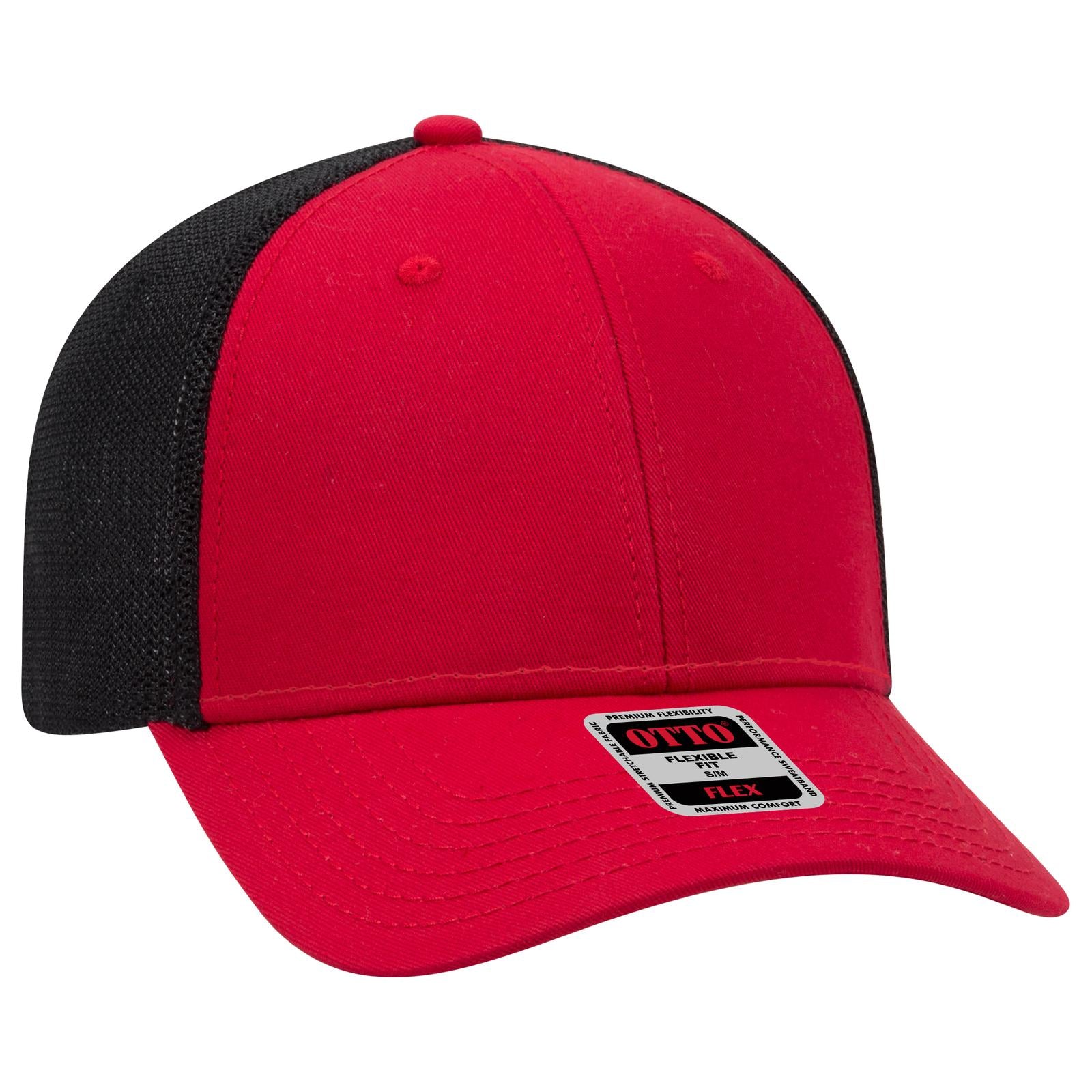 Front View of 020203 - Red/Red/Blk OTTO CAP "OTTO FLEX" Fitted 6 Panel Low Profile Mesh Back Trucker Hat