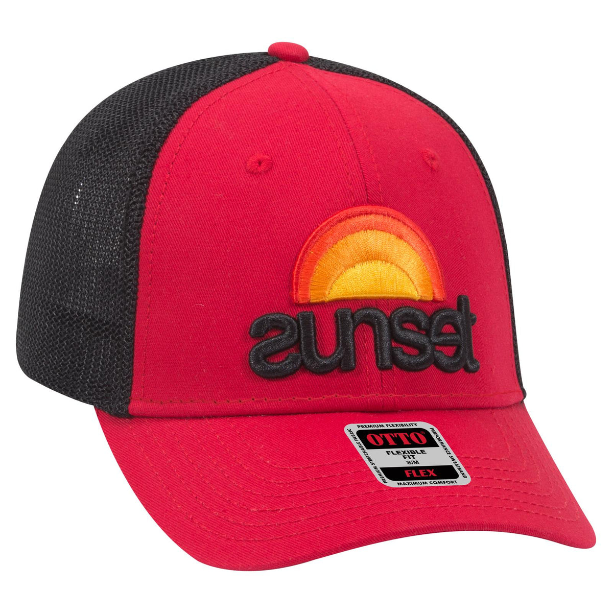 Right View of 020203 - Red/Red/Blk OTTO CAP "OTTO FLEX" Fitted 6 Panel Low Profile Mesh Back Trucker Hat