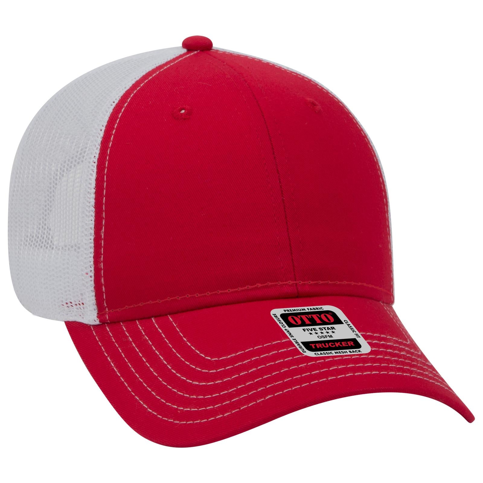 Front View of 020216 - Red/Red/Wht OTTO CAP 6 Panel Low Profile Mesh Back Trucker Hat