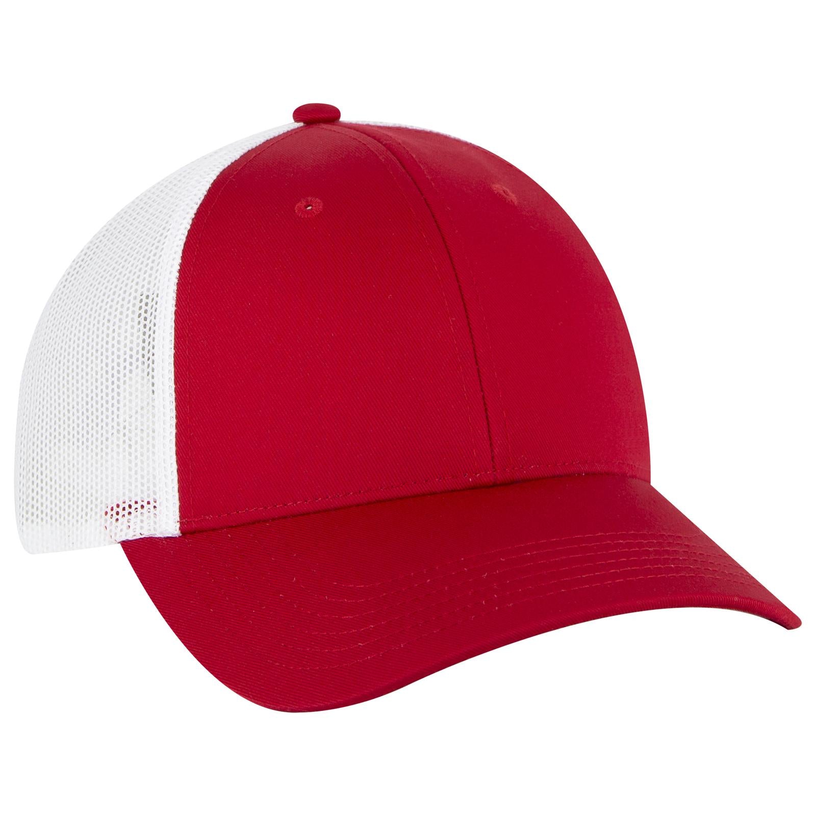 Front View of 020216 - Red/Red/Wht OTTO CAP 6 Panel Low Profile Mesh Back Trucker Hat
