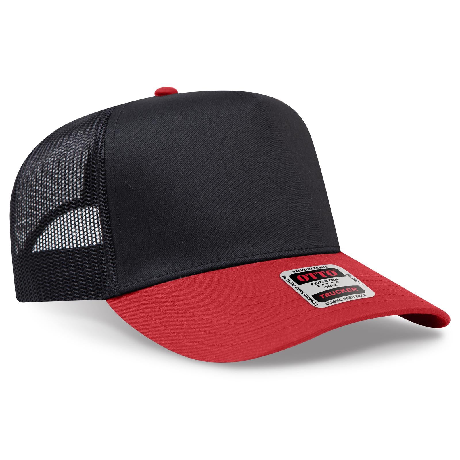 Front View of 0203 - Red/Blk OTTO CAP 5 Panel Mid Profile Mesh Back Trucker Hat