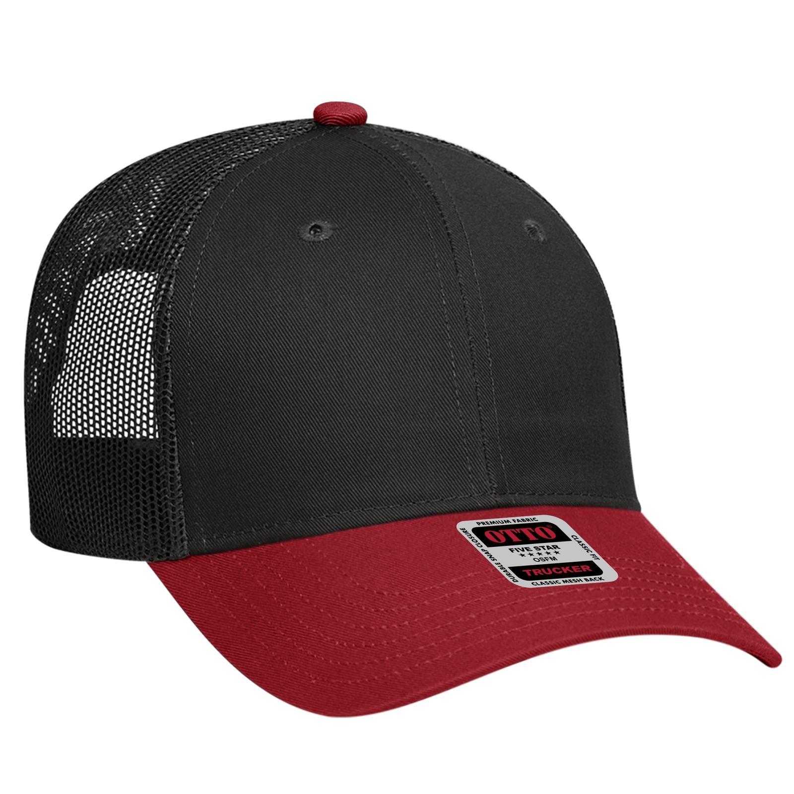 Front View of 0203 - Red/Blk OTTO CAP 6 Panel Low Profile Mesh Back Trucker Hat