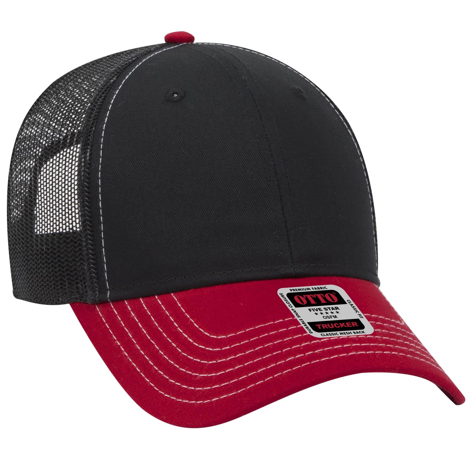 Front View of 020303 - Red/Blk/Blk OTTO CAP 6 Panel Low Profile Mesh Back Trucker Hat