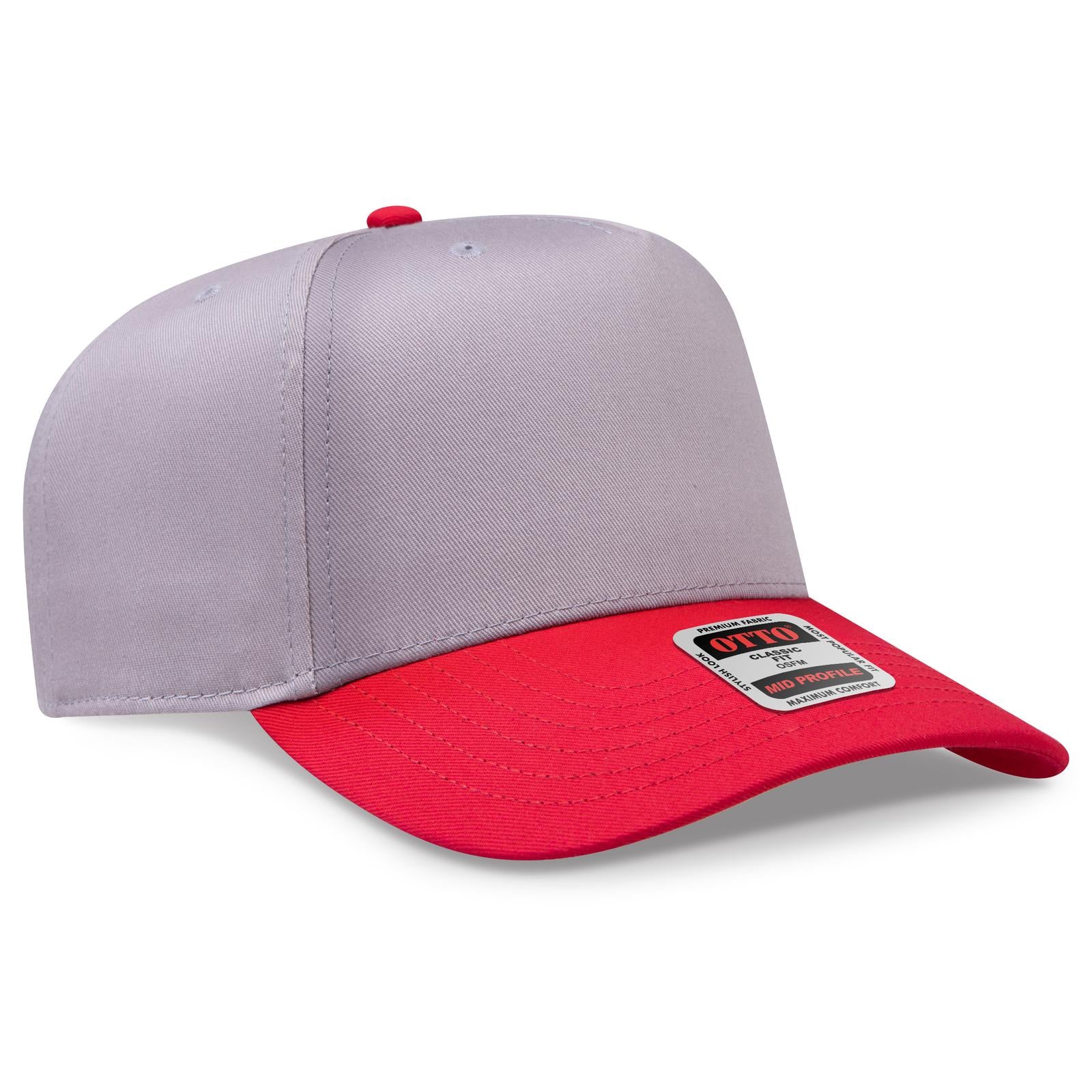 Front View of 0214 - Red/Gry OTTO CAP 5 Panel Mid Profile Baseball Cap