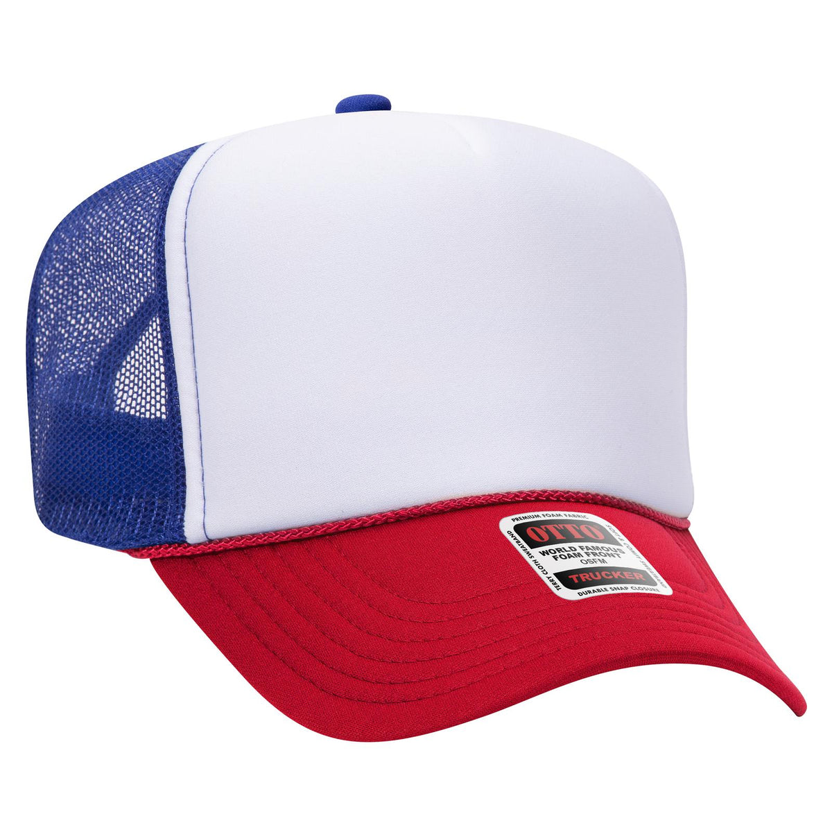 Right View of 021601 - Red/Wht/Ryl OTTO CAP 5 Panel High Crown Mesh Back Trucker Hat
