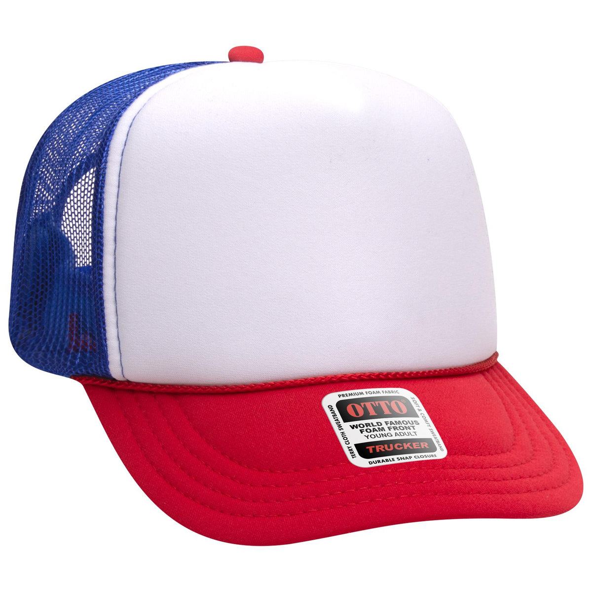 Right View of 021601 - Red/Wht/Ryl OTTO CAP 5 Panel High Crown Mesh Back Trucker Hat