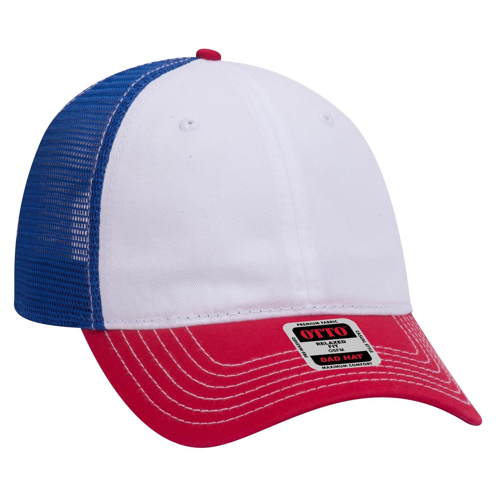 Front View of 021601 - Red/Wht/Ryl OTTO CAP 6 Panel Low Profile Mesh Back Trucker Dad Hat