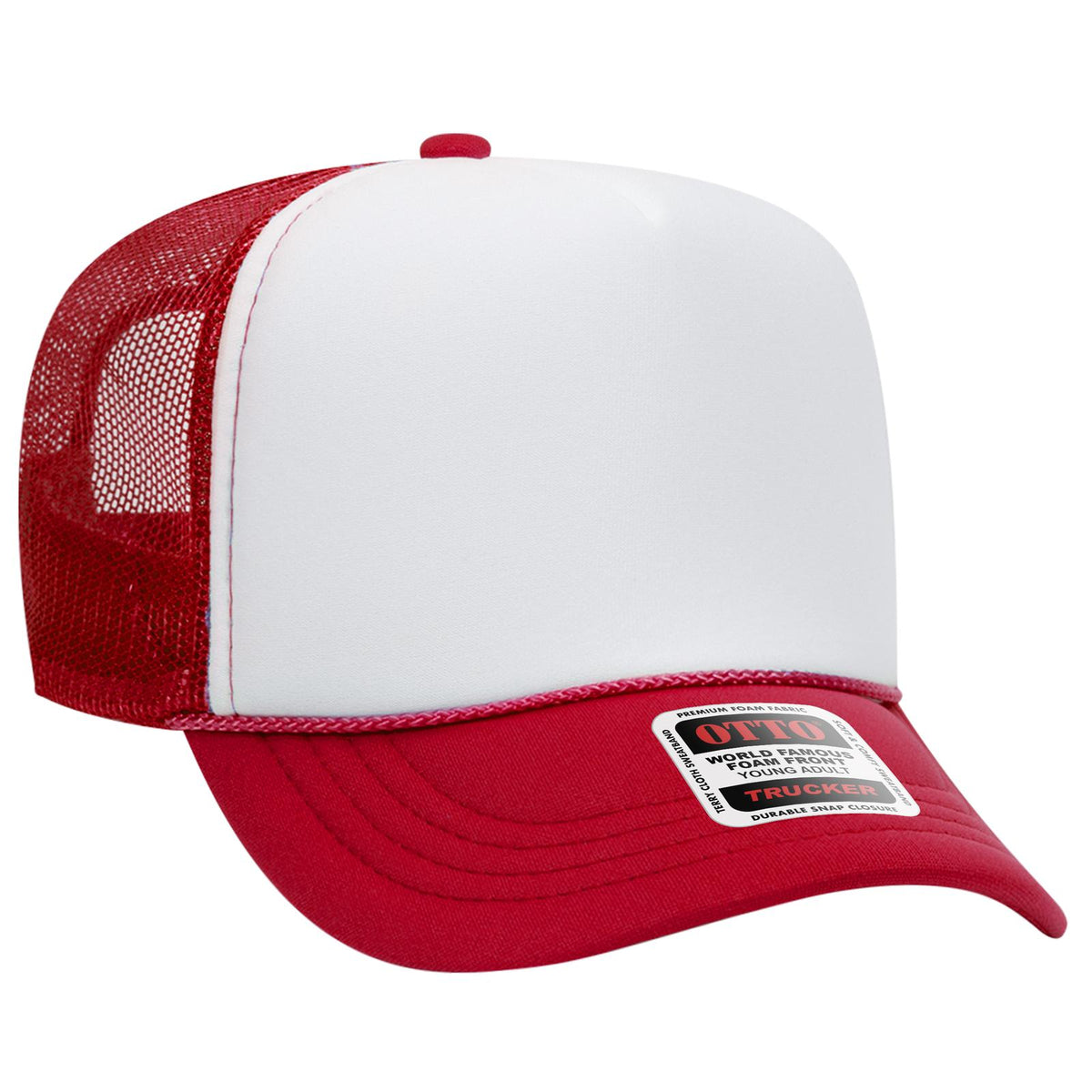 Right View of 021602 - Red/Wht/Red OTTO CAP 5 Panel High Crown Mesh Back Trucker Hat