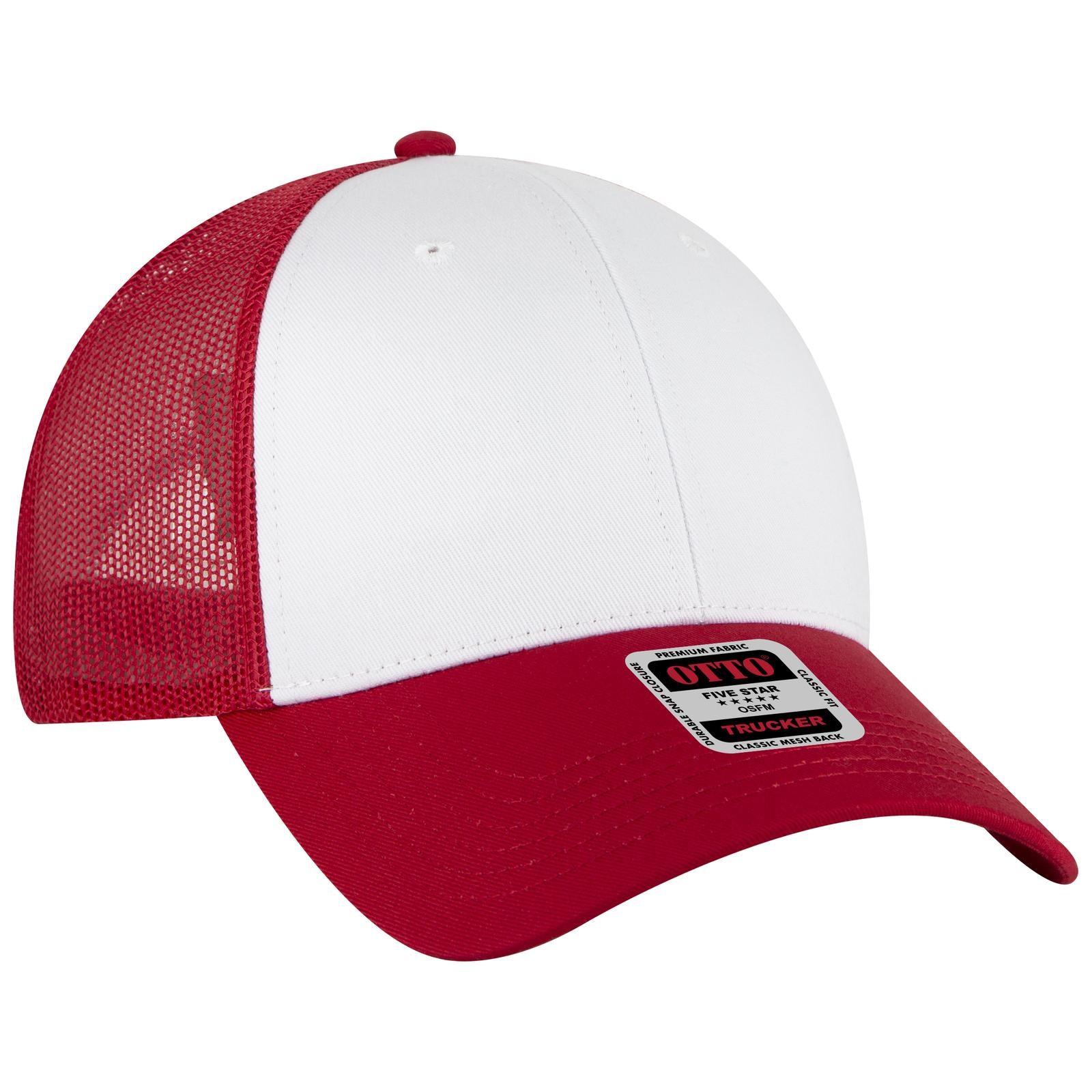 Front View of 021602 - Red/Wht/Red OTTO CAP 6 Panel Low Profile Mesh Back Trucker Hat