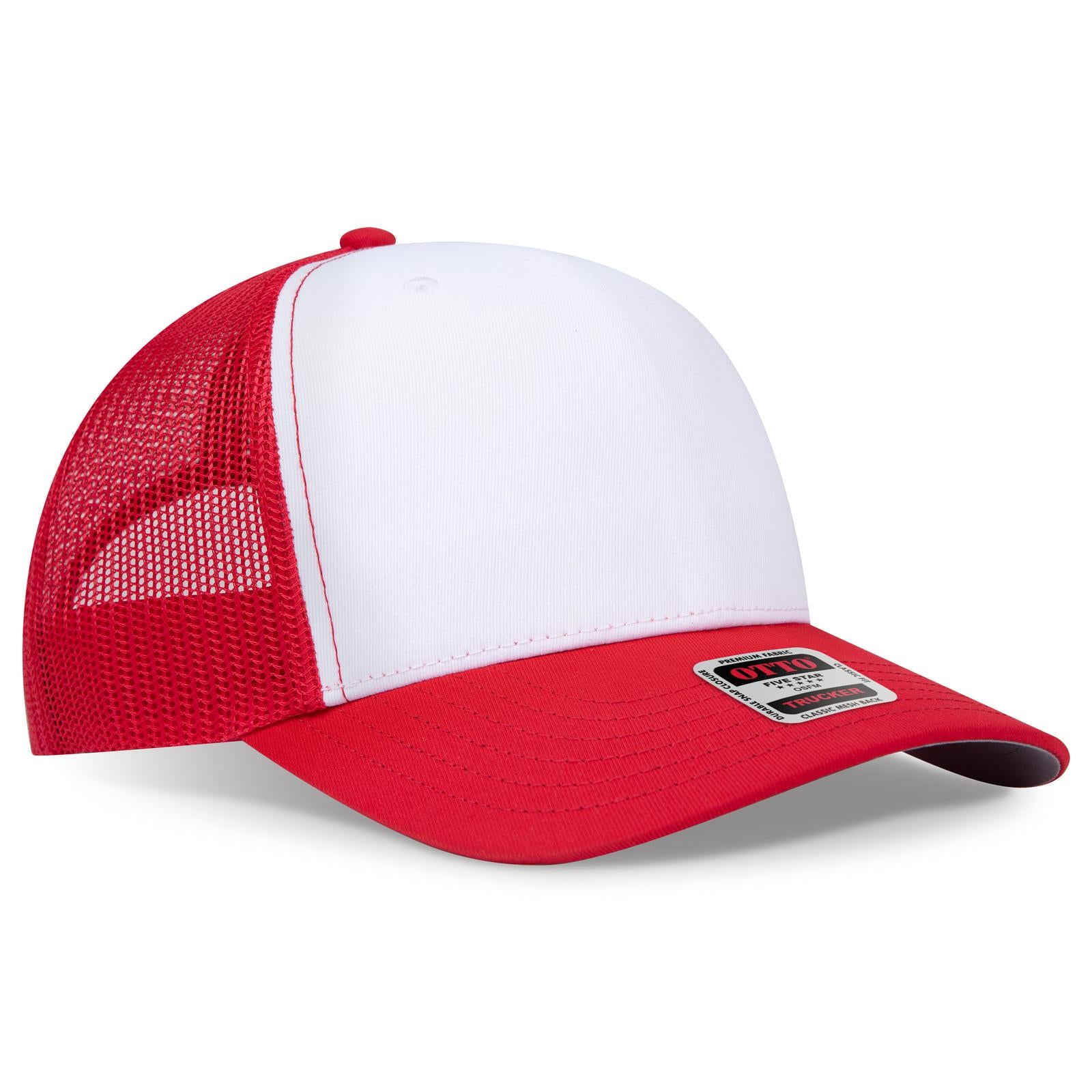 Right View of 021602 - Red/Wht/Red OTTO CAP Seamless 6 Panel Mid Profile Mesh Back Trucker Hat