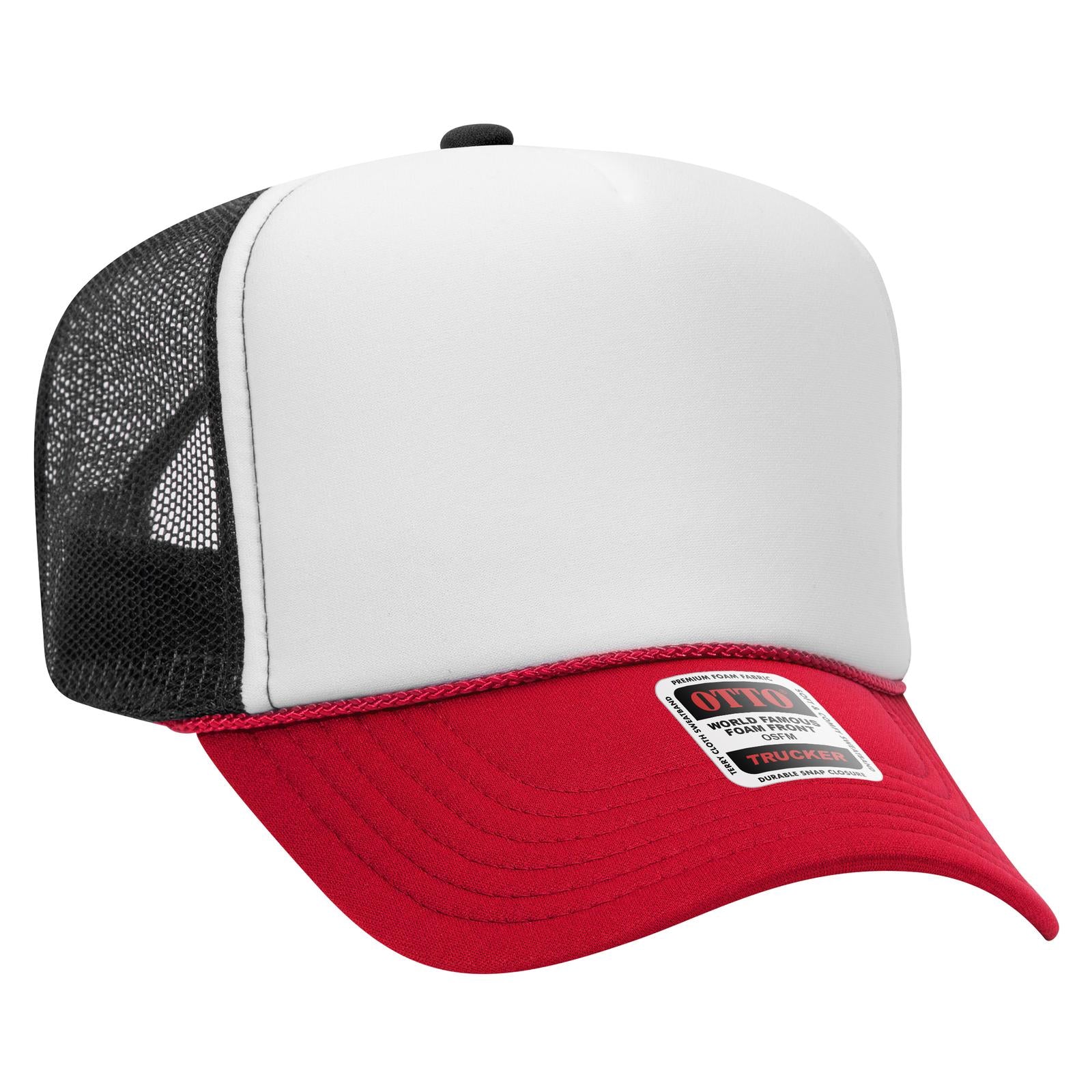 Right View of 021603 - Red/Wht/Blk OTTO CAP 5 Panel High Crown Mesh Back Trucker Hat