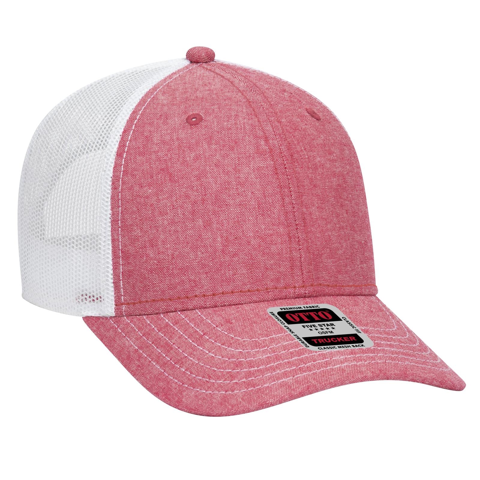 Front View of 0216X - Red/Wht OTTO CAP 6 Panel Low Profile Mesh Back Trucker Hat