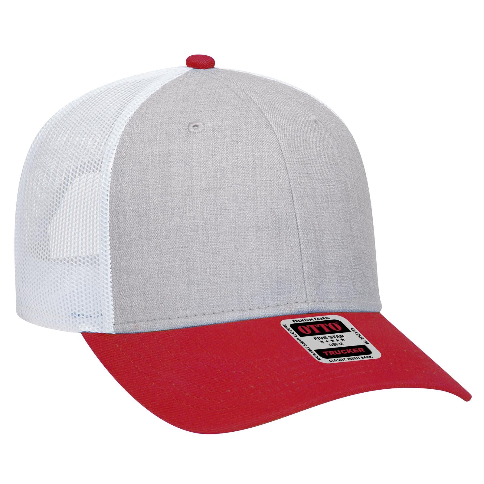 Right View of 027416 - Red/HeatherGry/White OTTO CAP 6 Panel Low Profile Mesh Back Trucker Hat