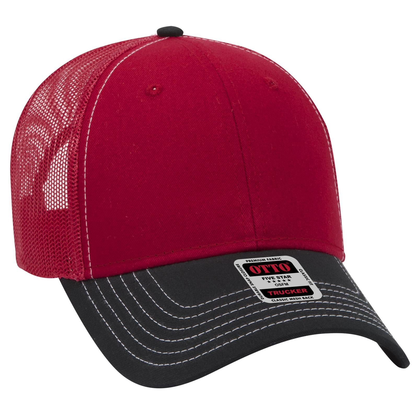 Front View of 030202 - Blk/Red/Red OTTO CAP 6 Panel Low Profile Mesh Back Trucker Hat