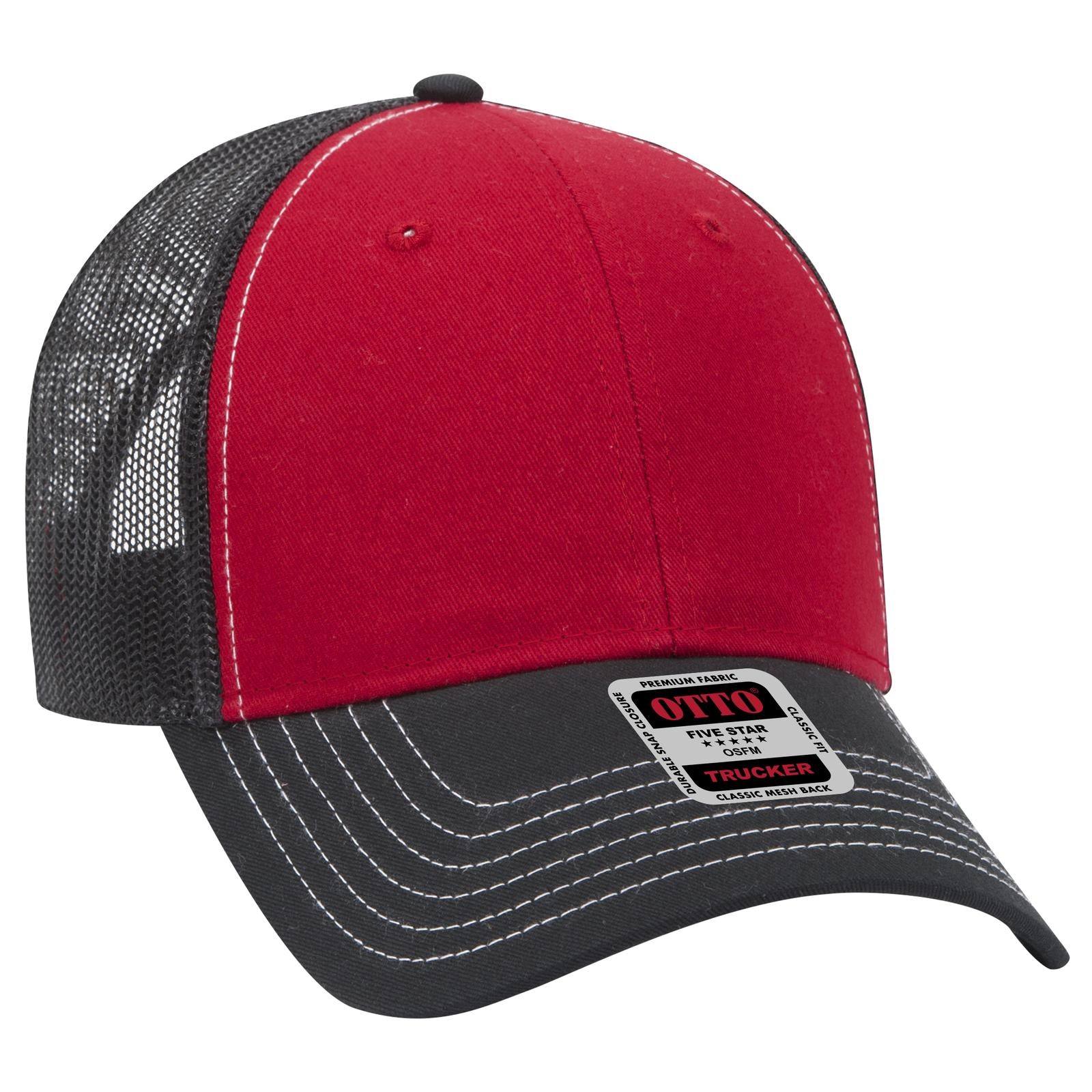 Front View of 030203 - Blk/Red/Blk OTTO CAP 6 Panel Low Profile Mesh Back Trucker Hat