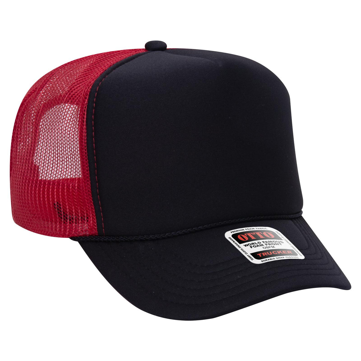 Right View of 030302 - Blk/Blk/Red OTTO CAP 5 Panel High Crown Mesh Back Trucker Hat