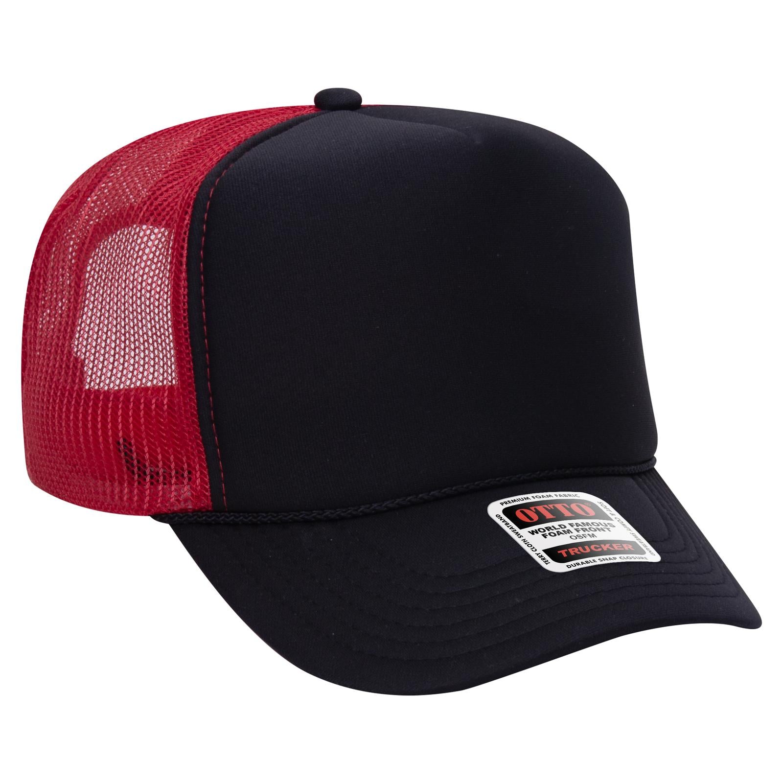 Right View of 030302 - Blk/Blk/Red OTTO CAP 5 Panel High Crown Mesh Back Trucker Hat