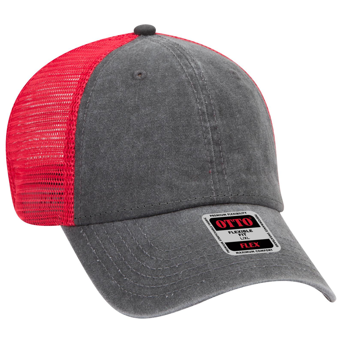 Right View of 030302 - Blk/Blk/Red OTTO CAP "OTTO FLEX" Fitted 6 Panel Low Profile Mesh Back Trucker Hat