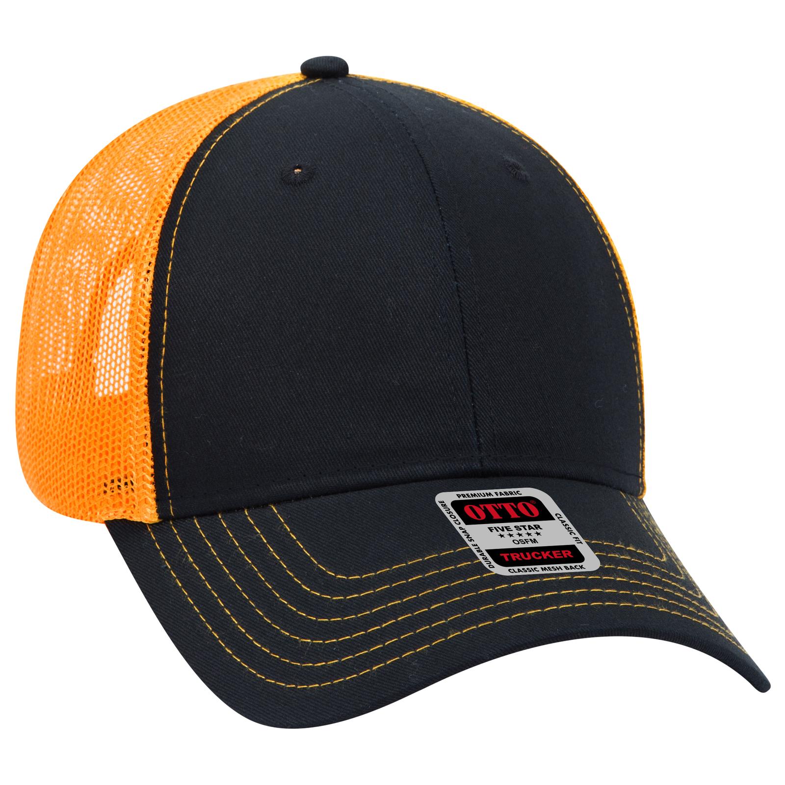 Front View of 030306 - Blk/Blk/Gld OTTO CAP 6 Panel Low Profile Mesh Back Trucker Hat