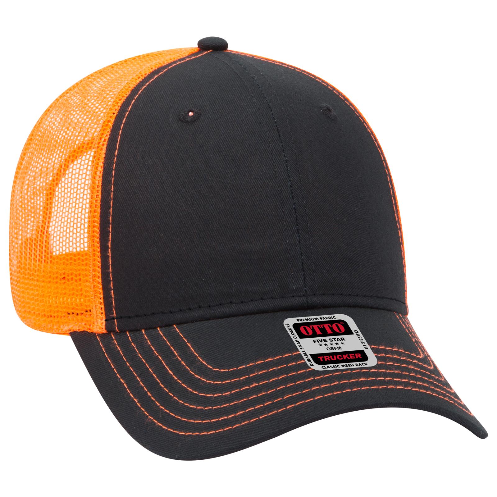 Front View of 030309 - Blk/Blk/N Org OTTO CAP 6 Panel Low Profile Mesh Back Trucker Hat