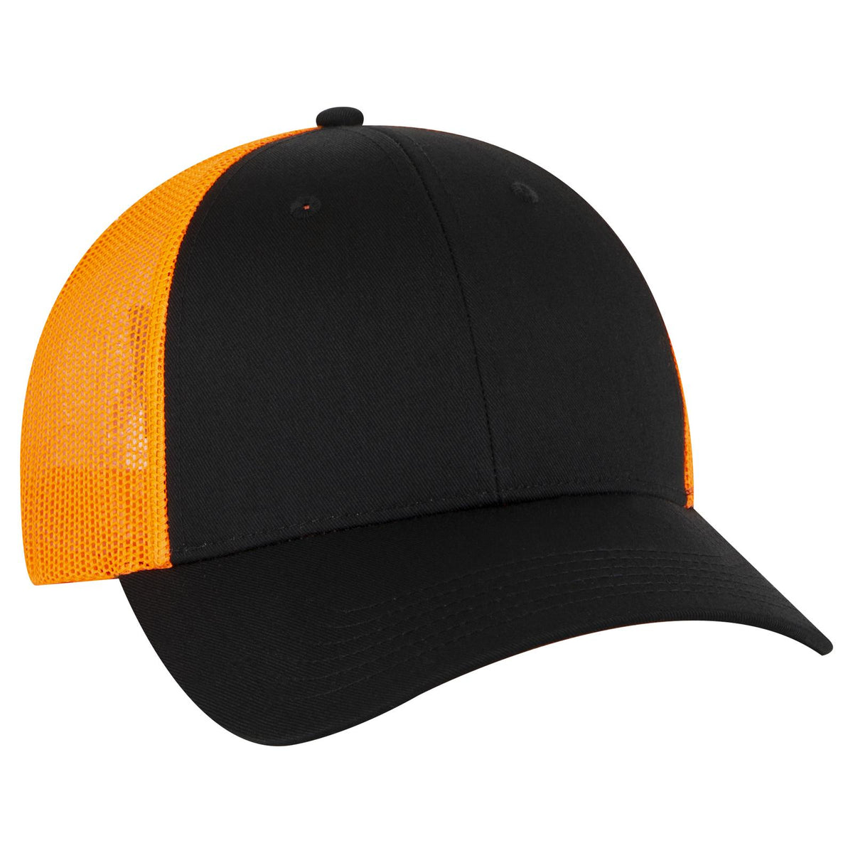 Right View of 030309 - Blk/Blk/N Org OTTO CAP 6 Panel Low Profile Mesh Back Trucker Hat