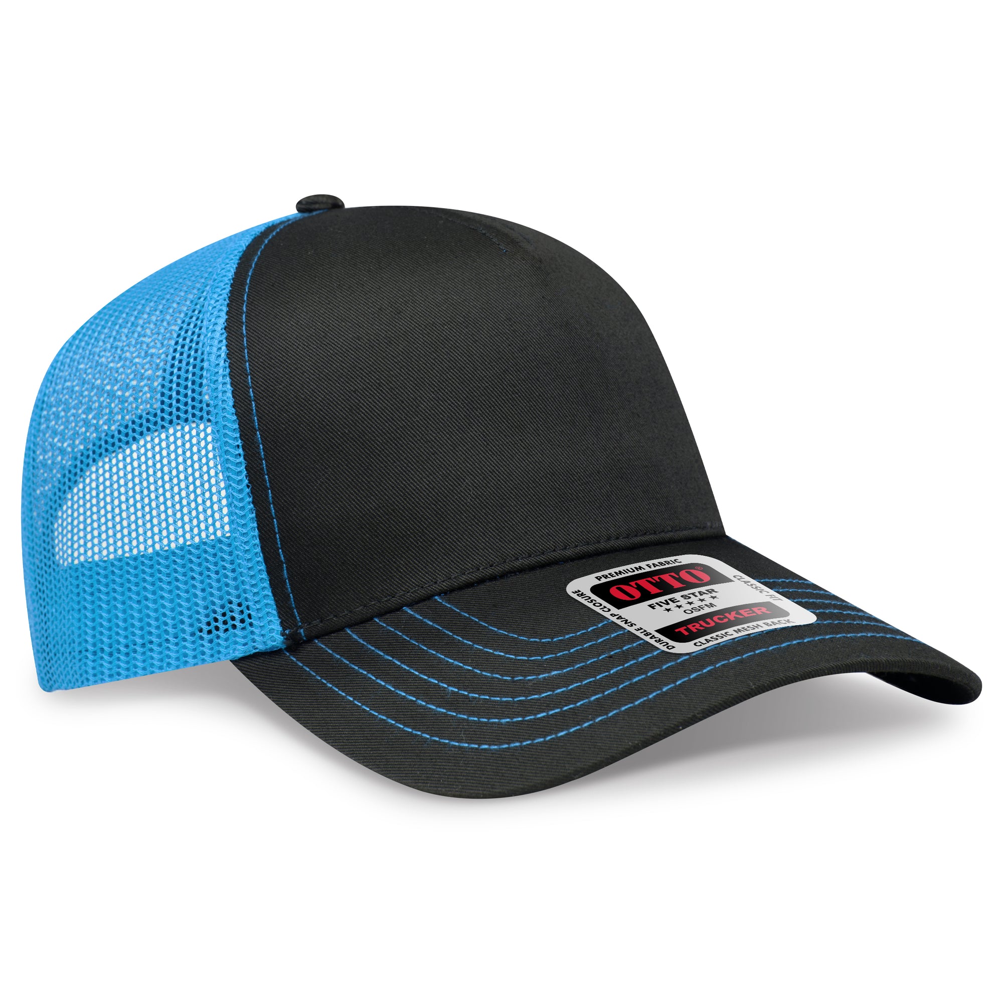 Front View of 0303107 - Blk/Blk/N.Blue OTTO CAP 5 Panel Low Profile Mesh Back Trucker Hat
