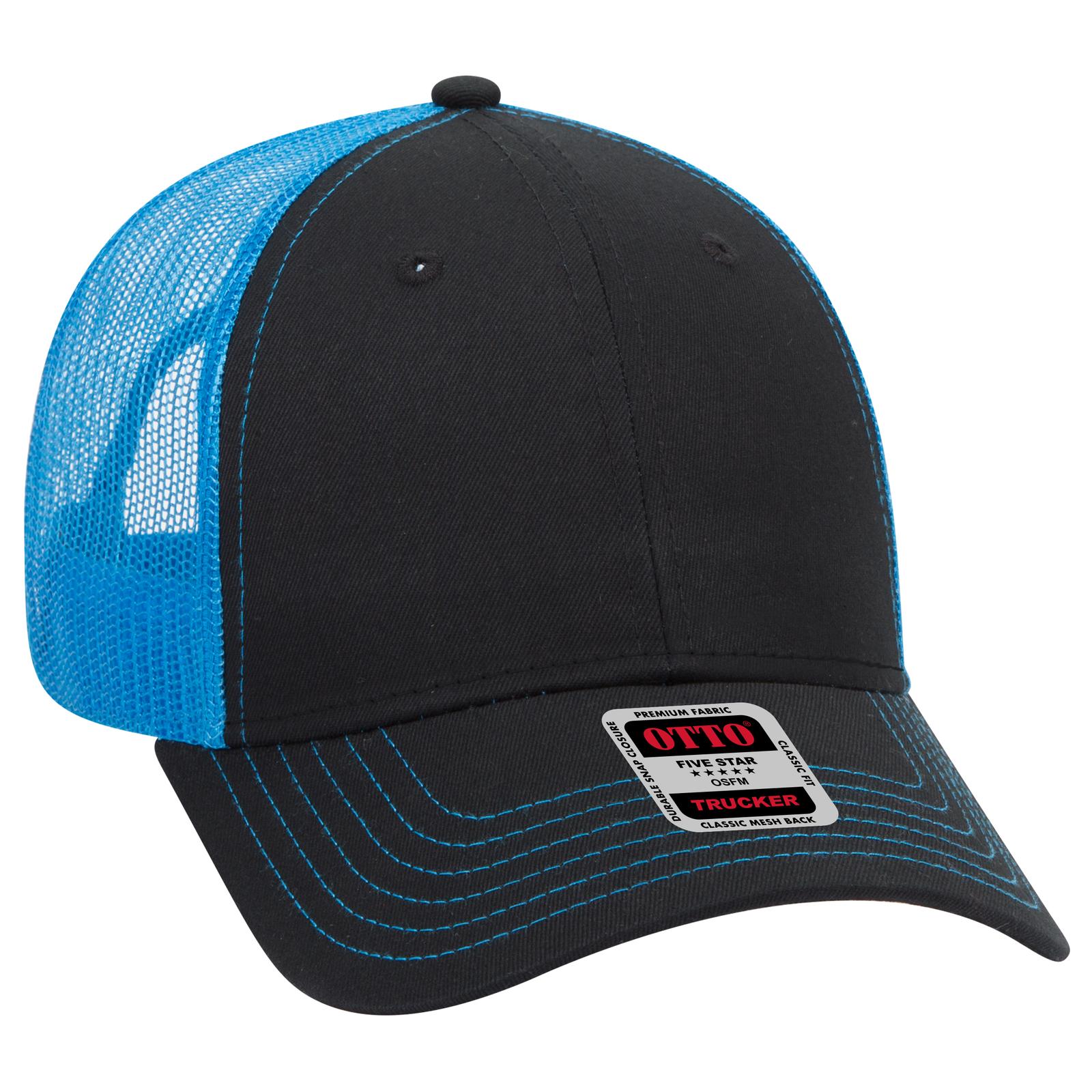 Front View of 0303107 - Blk/Blk/N.Blue OTTO CAP 6 Panel Low Profile Mesh Back Trucker Hat