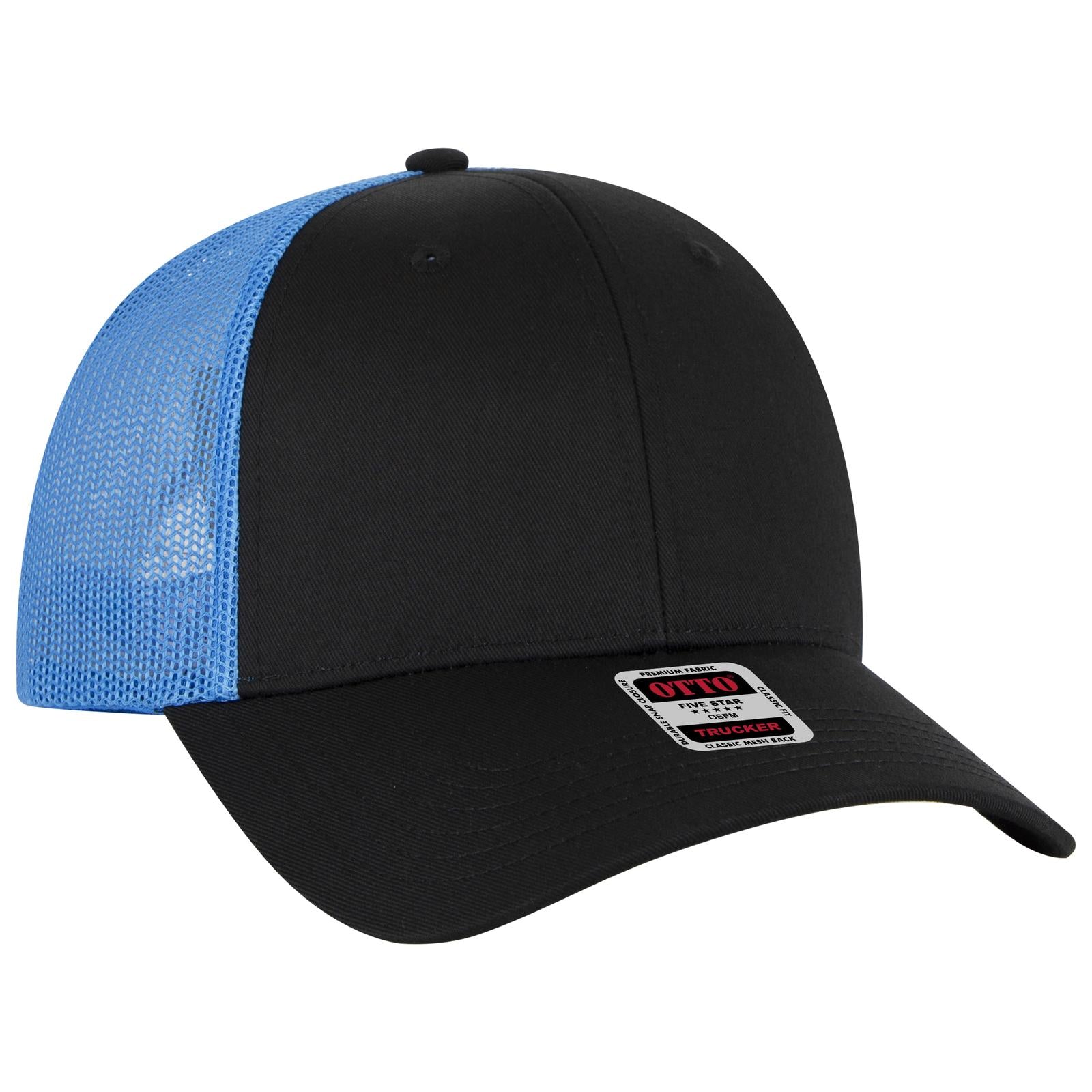 Front View of 0303107 - Blk/Blk/N.Blue OTTO CAP 6 Panel Low Profile Mesh Back Trucker Hat