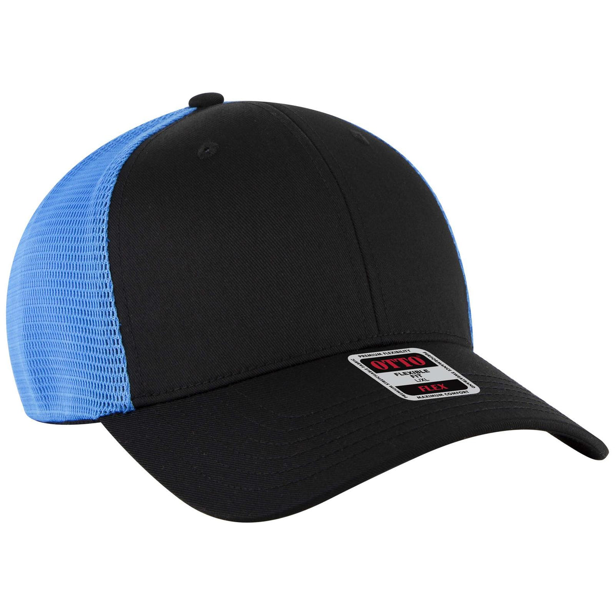 Right View of 0303107 - Blk/Blk/N.Blue OTTO CAP "OTTO FLEX" Fitted 6 Panel Low Profile Mesh Back Trucker Hat