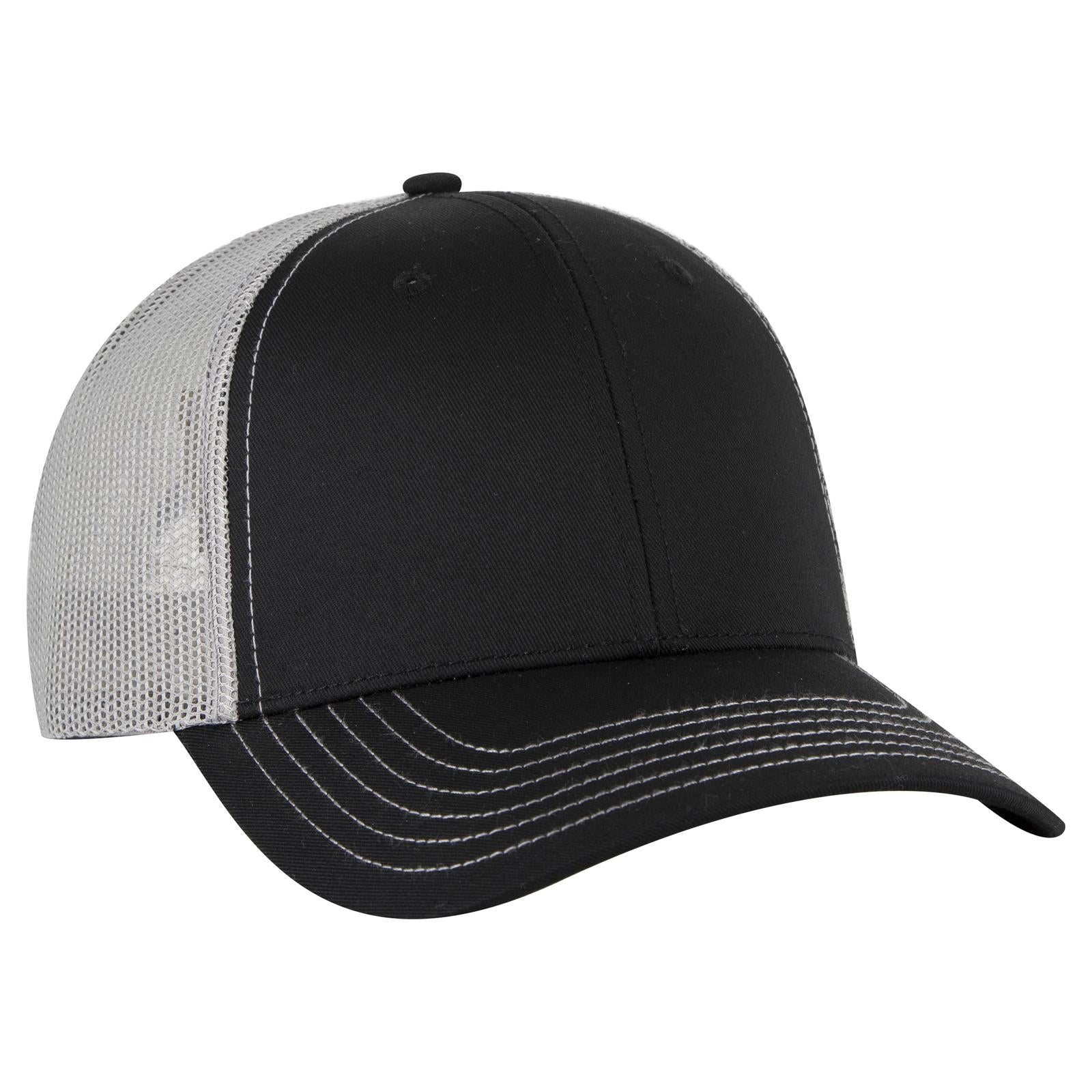 Front View of 030314 - Blk/Blk/Gry OTTO CAP 6 Panel Low Profile Mesh Back Trucker Hat