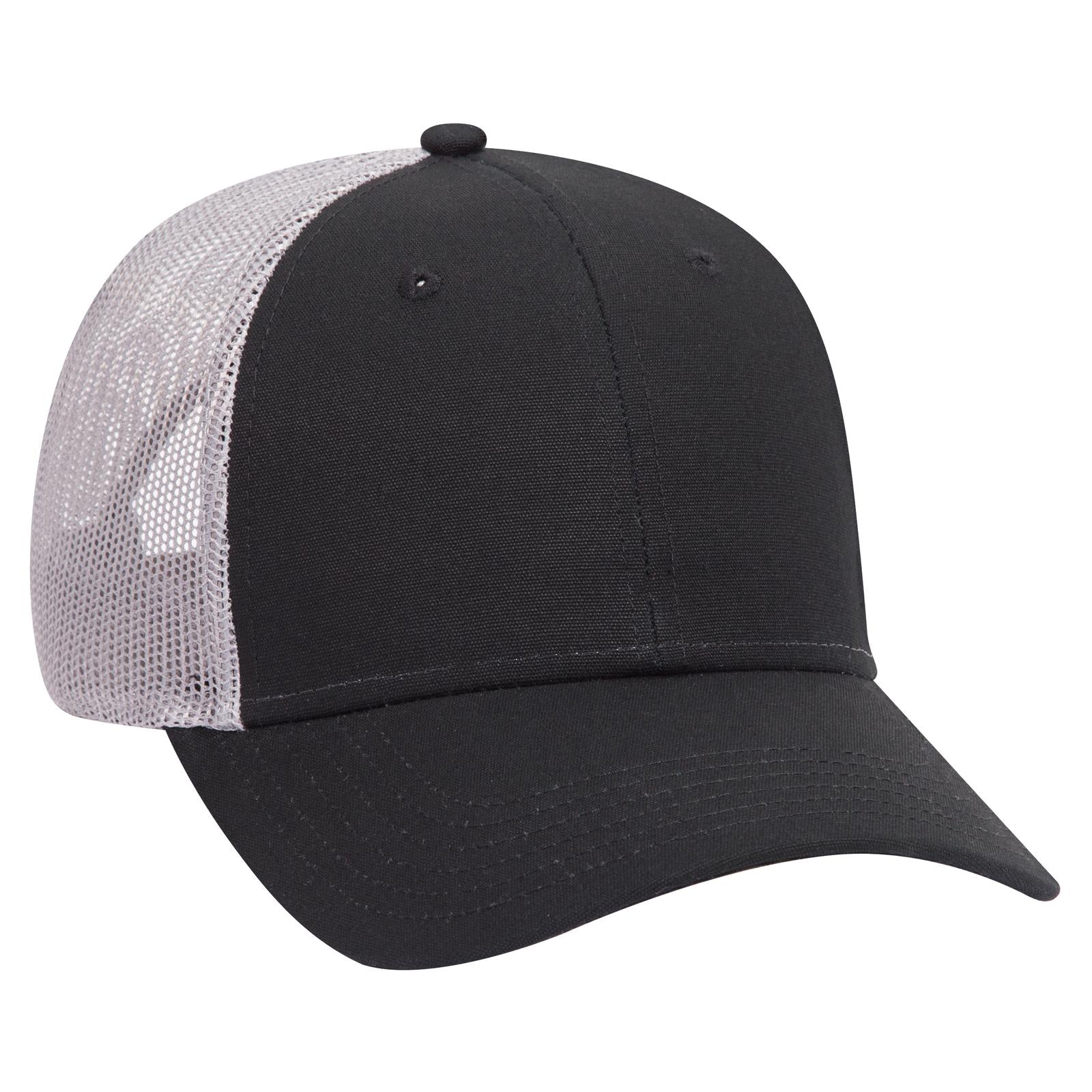 Front View of 030314 - Blk/Blk/Gry OTTO CAP 6 Panel Low Profile Mesh Back Trucker Hat