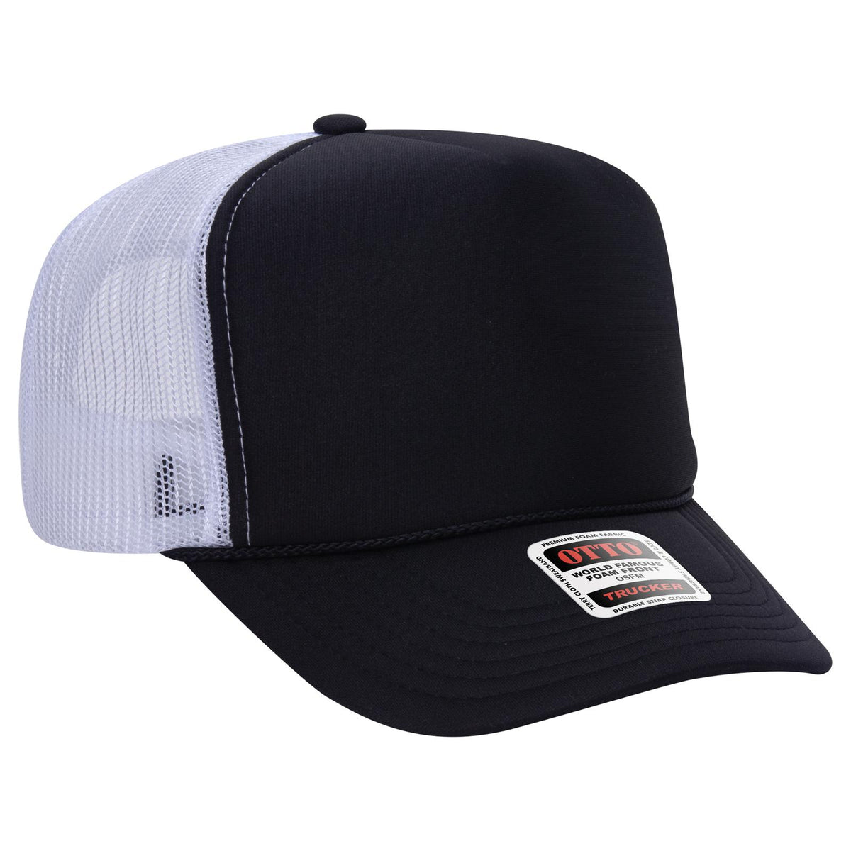 Right View of 030316 - Blk/Blk/Wht OTTO CAP 5 Panel High Crown Mesh Back Trucker Hat