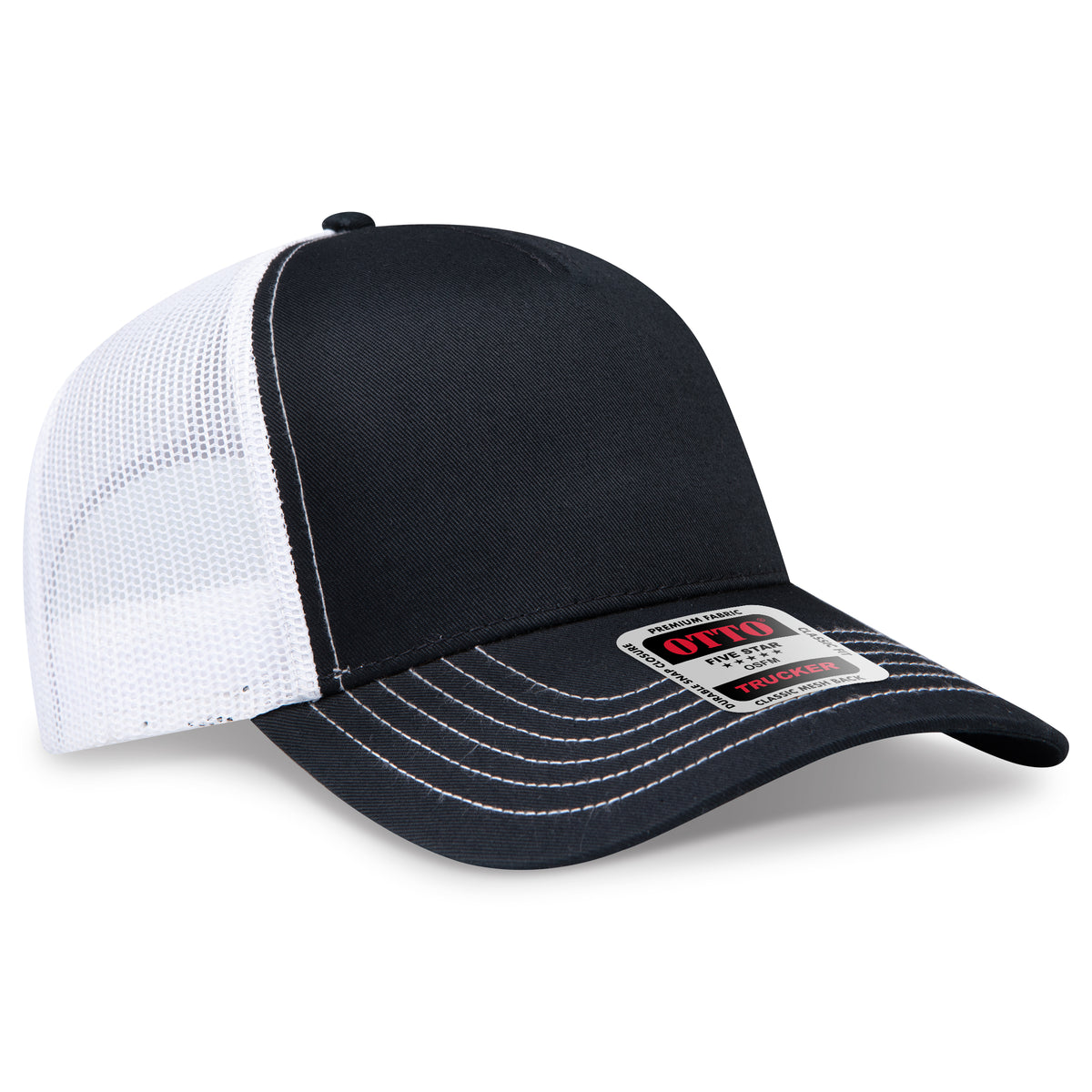 Right View of 030316 - Blk/Blk/Wht OTTO CAP 5 Panel Low Profile Mesh Back Trucker Hat