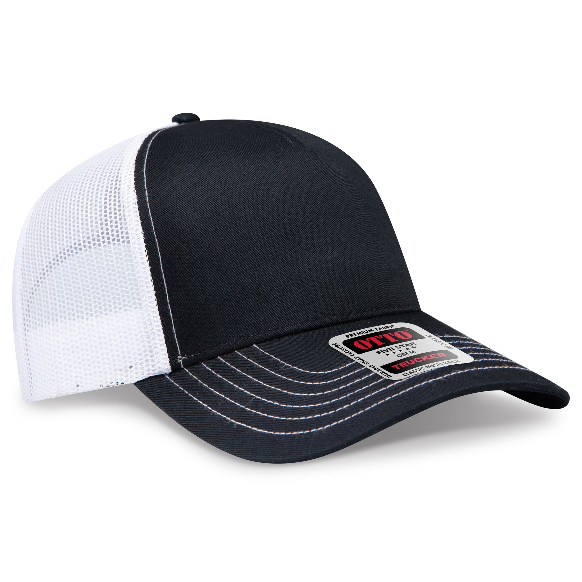 Front View of 030316 - Blk/Blk/Wht OTTO CAP 5 Panel Low Profile Mesh Back Trucker Hat