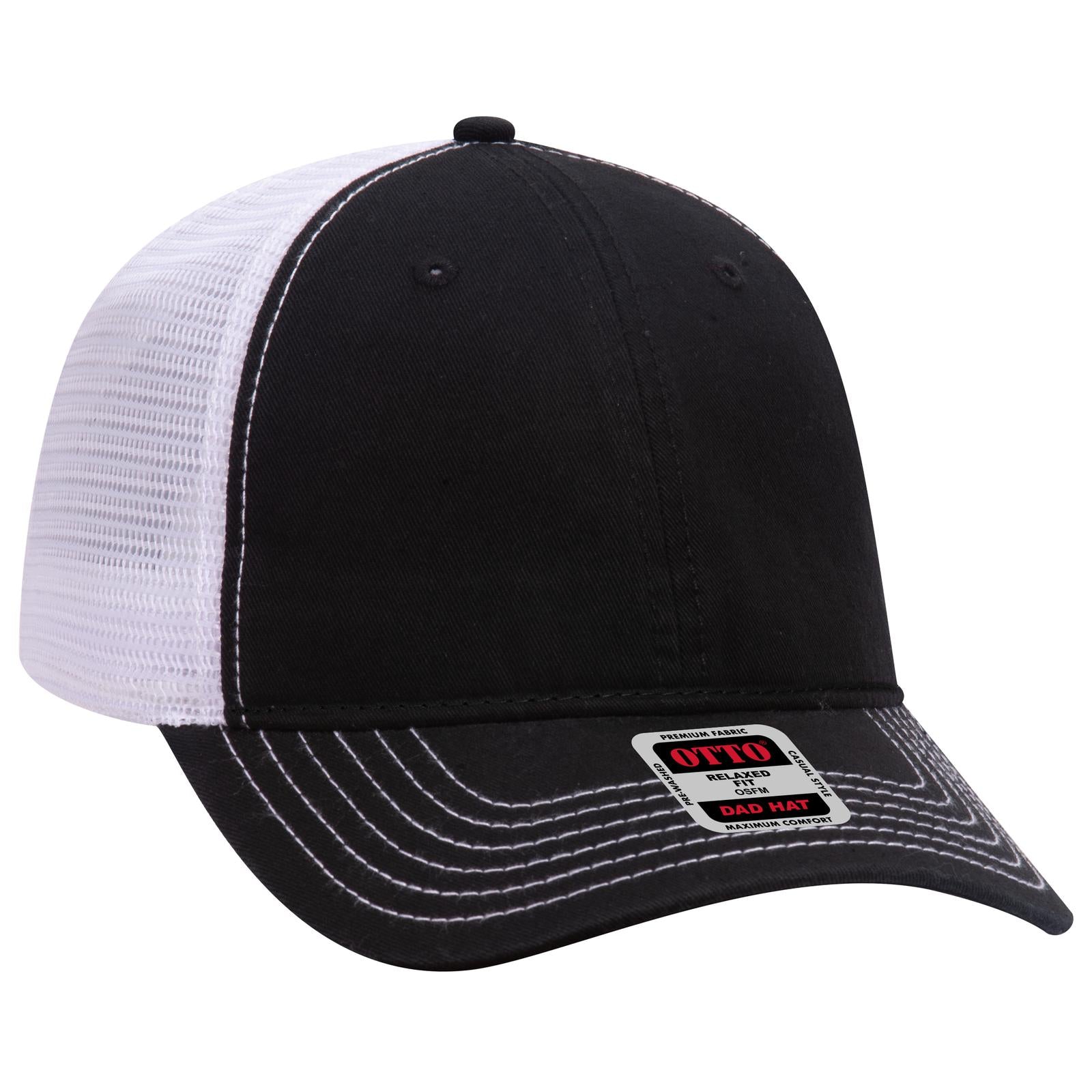 Front View of 030316 - Blk/Blk/Wht OTTO CAP 6 Panel Low Profile Mesh Back Trucker Dad Hat