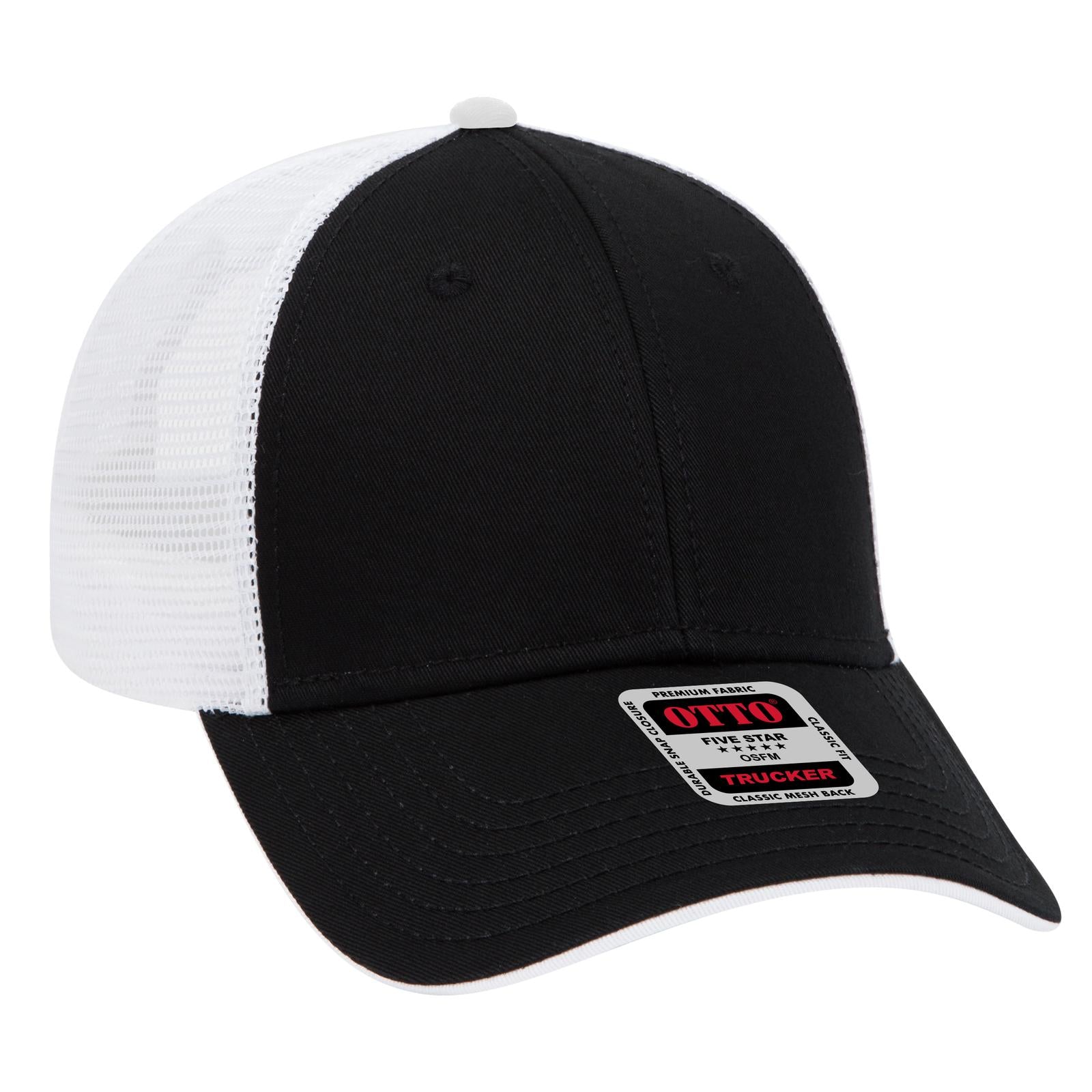 Front View of 030316 - Blk/Blk/Wht OTTO CAP 6 Panel Low Profile Mesh Back Trucker Hat