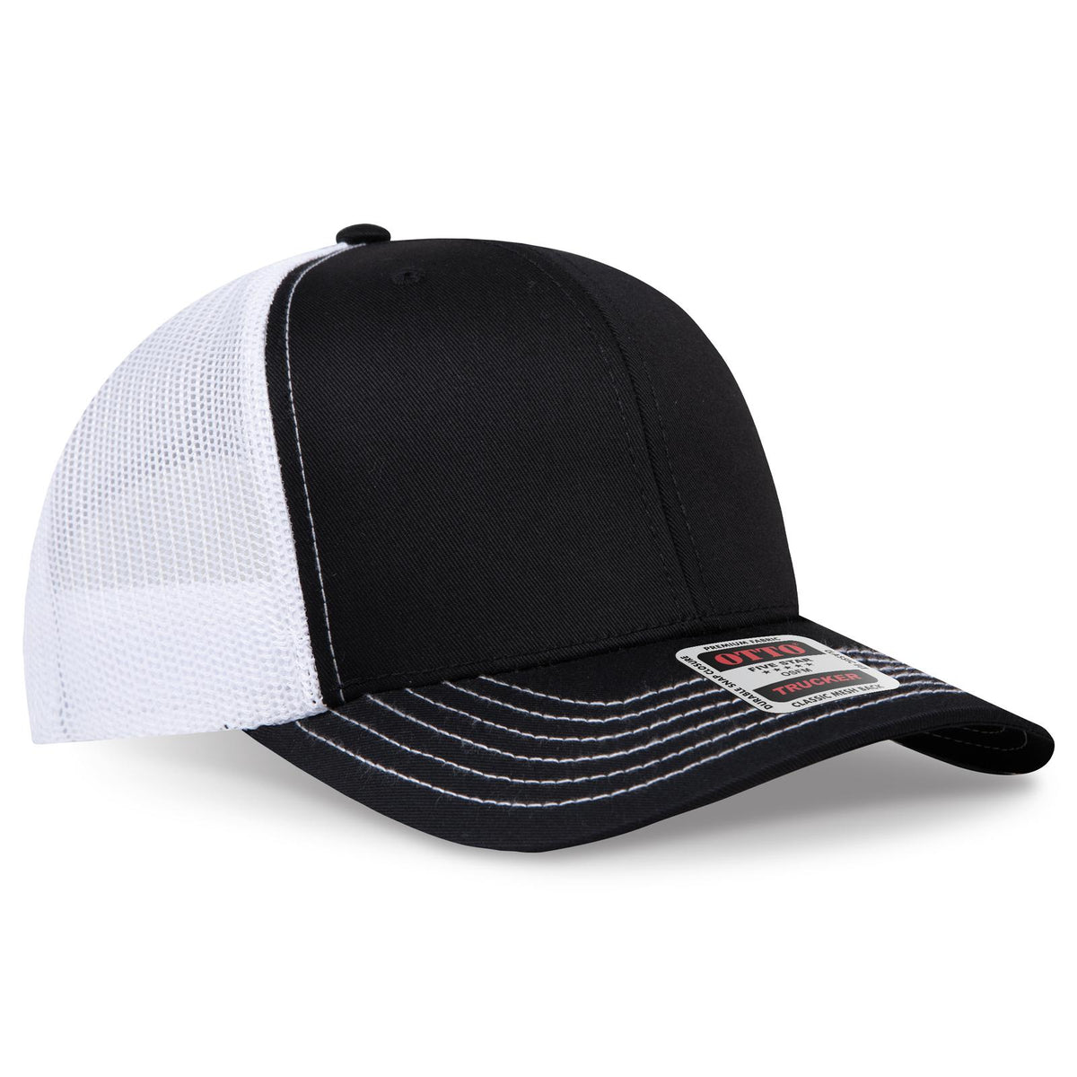 Right View of 030316 - Blk/Blk/Wht OTTO CAP 6 Panel Mid Profile Mesh Back Trucker Hat