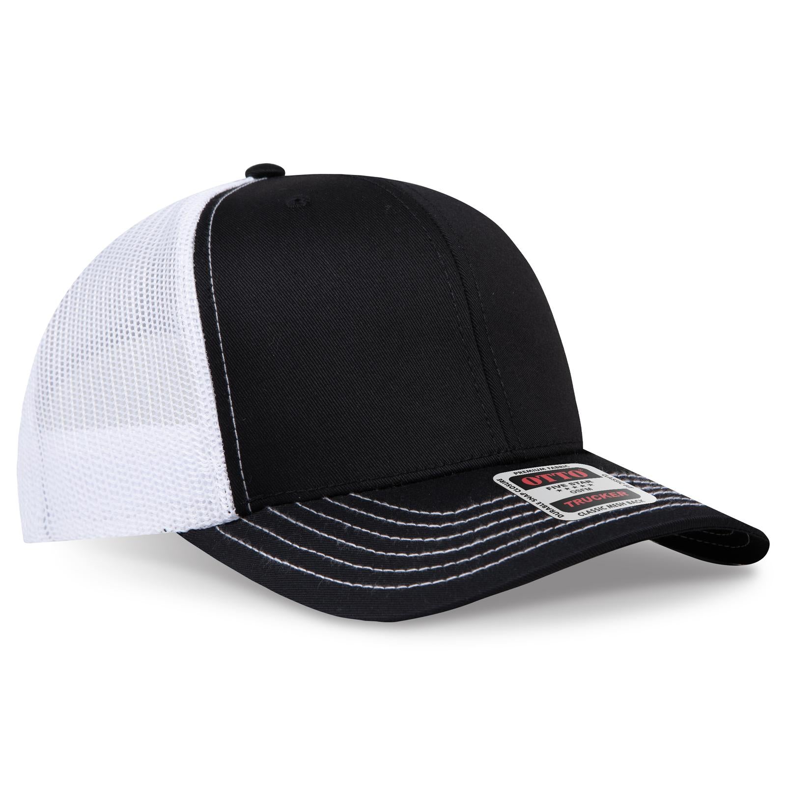 Right View of 030316 - Blk/Blk/Wht OTTO CAP 6 Panel Mid Profile Mesh Back Trucker Hat