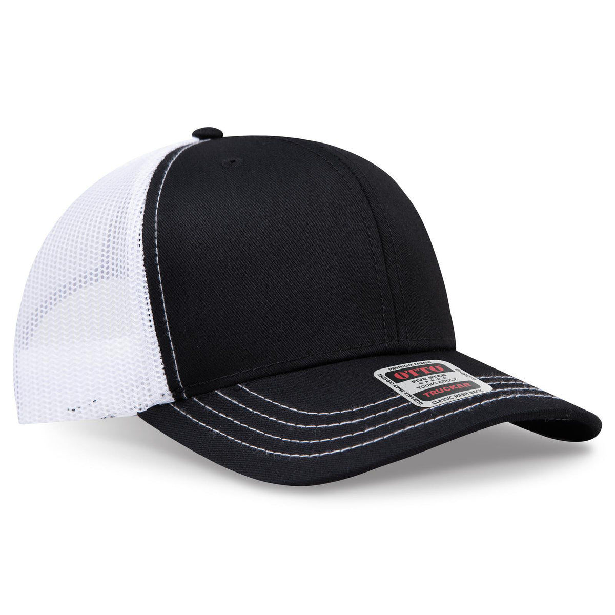 Right View of 030316 - Blk/Blk/Wht OTTO CAP 6 Panel Mid Profile Mesh Back Trucker Hat