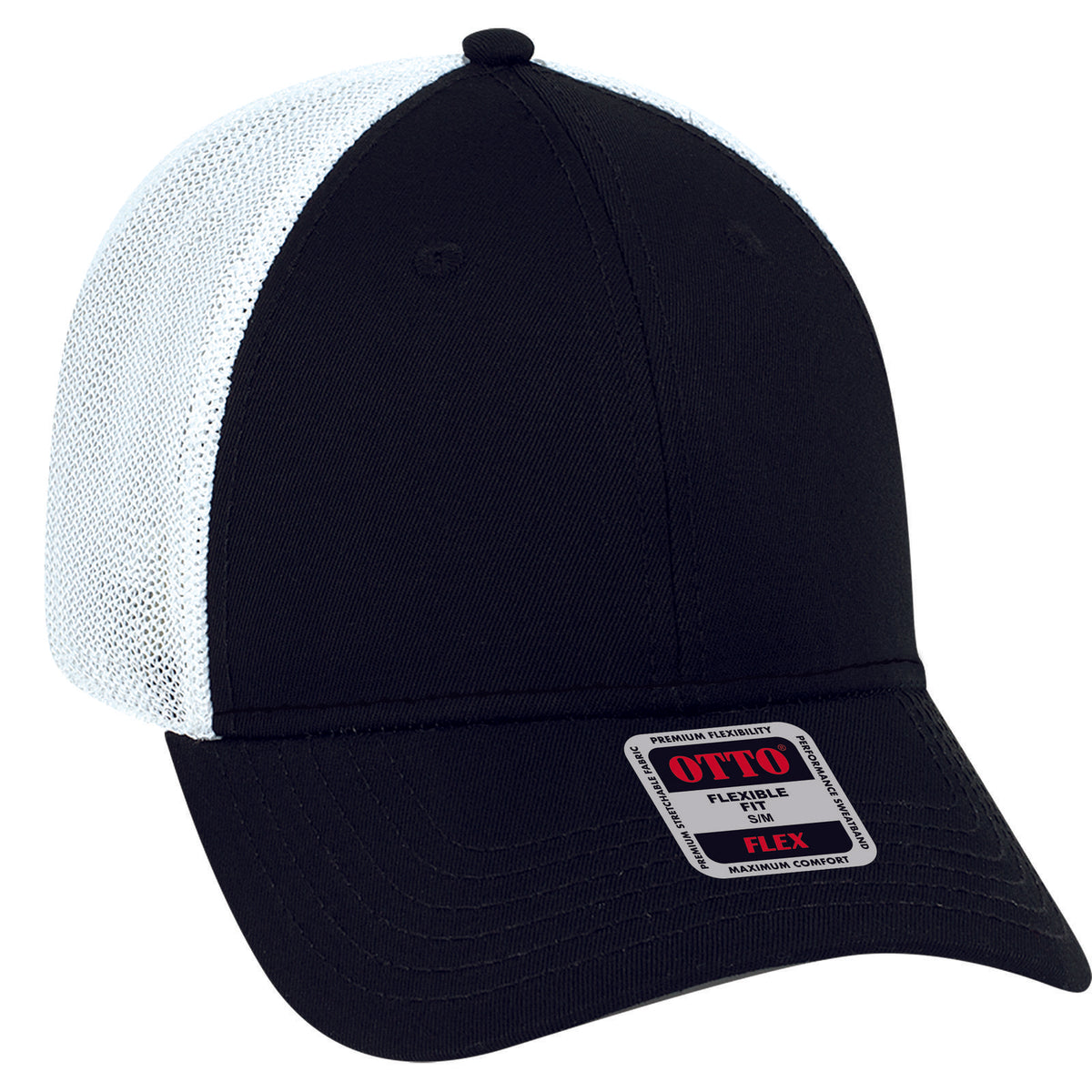 Right View of 030316 - Blk/Blk/Wht OTTO CAP "OTTO FLEX" Fitted 6 Panel Low Profile Mesh Back Trucker Hat