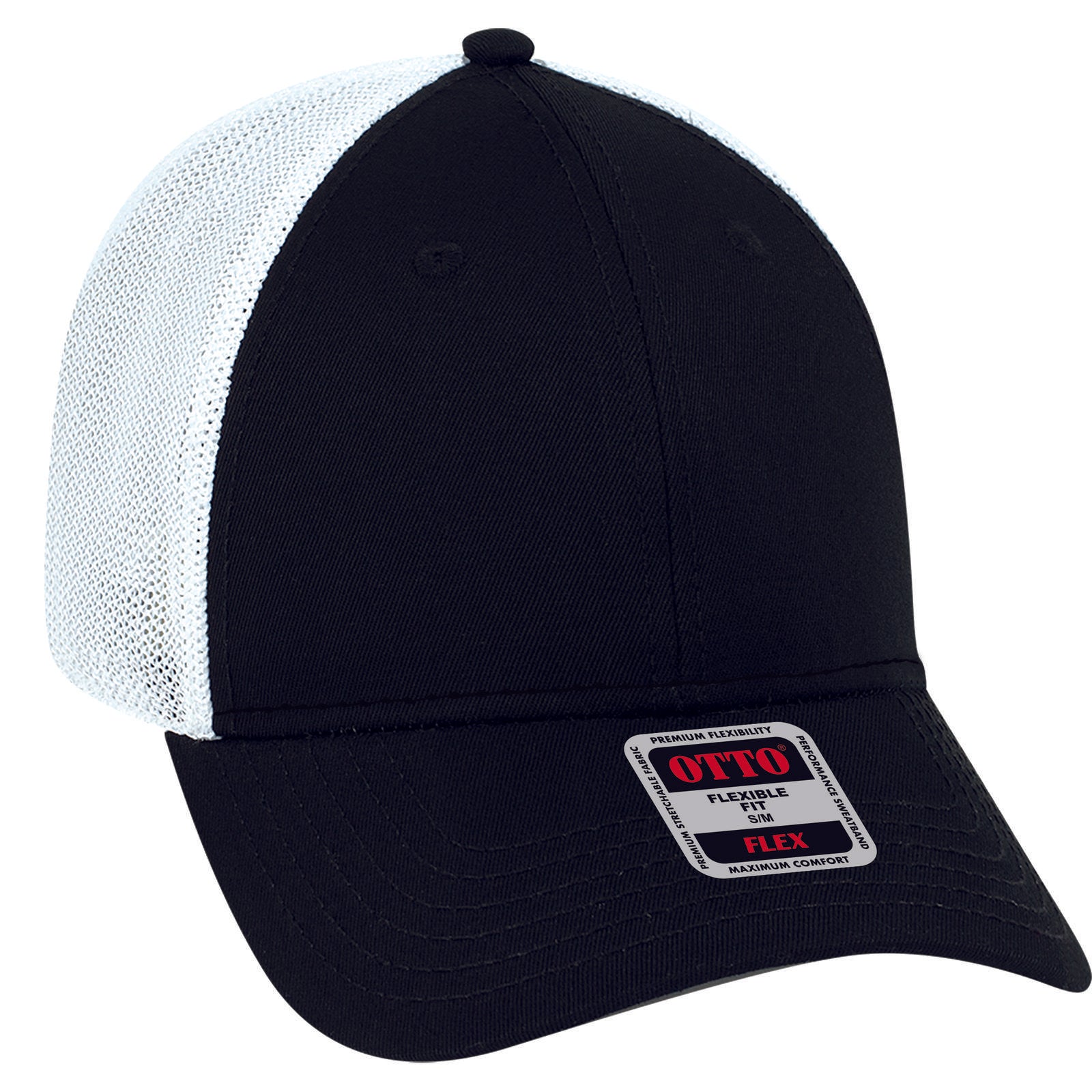 Front View of 030316 - Blk/Blk/Wht OTTO CAP "OTTO FLEX" Fitted 6 Panel Low Profile Mesh Back Trucker Hat
